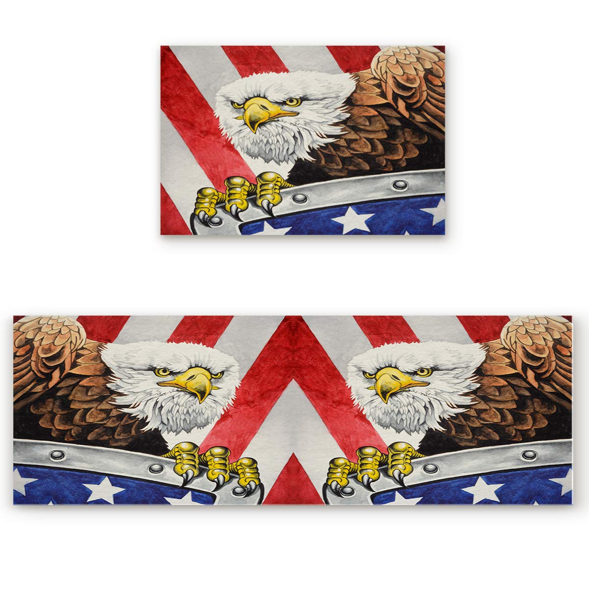 LooPoP American Flag Kitchen Mats - Non-Slip Anti-Fatigue Floor Cushioning 2-Piece Set, Washable Patriotic US Flag & Eagle Design Runner Rugs for Home Kitchen, Office, or RV Use