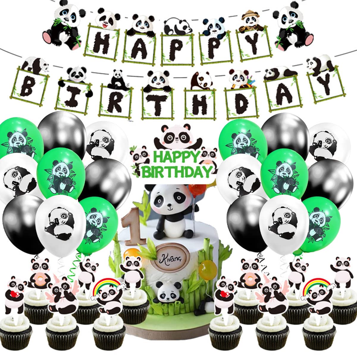 Panda Birthday Party Decorations Set - Happy Birthday Banner, Balloons & Cake Toppers for Panda Themed Party | Perfect for Kids Birthday, Baby Shower & Animal Theme Celebrations