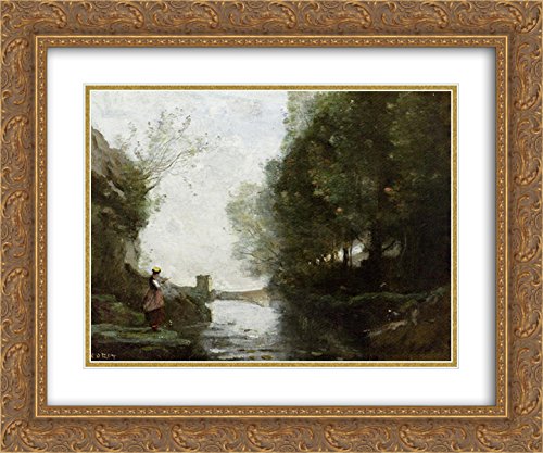 Jean Baptiste Camille Corot 'Le Cours D'Eau À La Tour Carrée' 24x20 Inch Gold Ornate Framed Art Print with Double Mat - Museum Quality Wall Decor for Living Room, Bedroom & Office