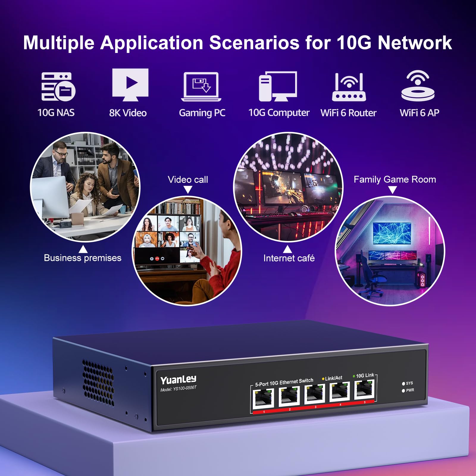 YuanLey 5-Port 10G Ethernet Switch with 5 x 10Gbps RJ45 Ports | 10G/5G/2.5G/1G/100Mbps Auto-Negotiation | 100Gbps Switching Capacity | Unmanaged Plug & Play Rackmount Network Switch for Home Office, Data Center & Gaming Setup