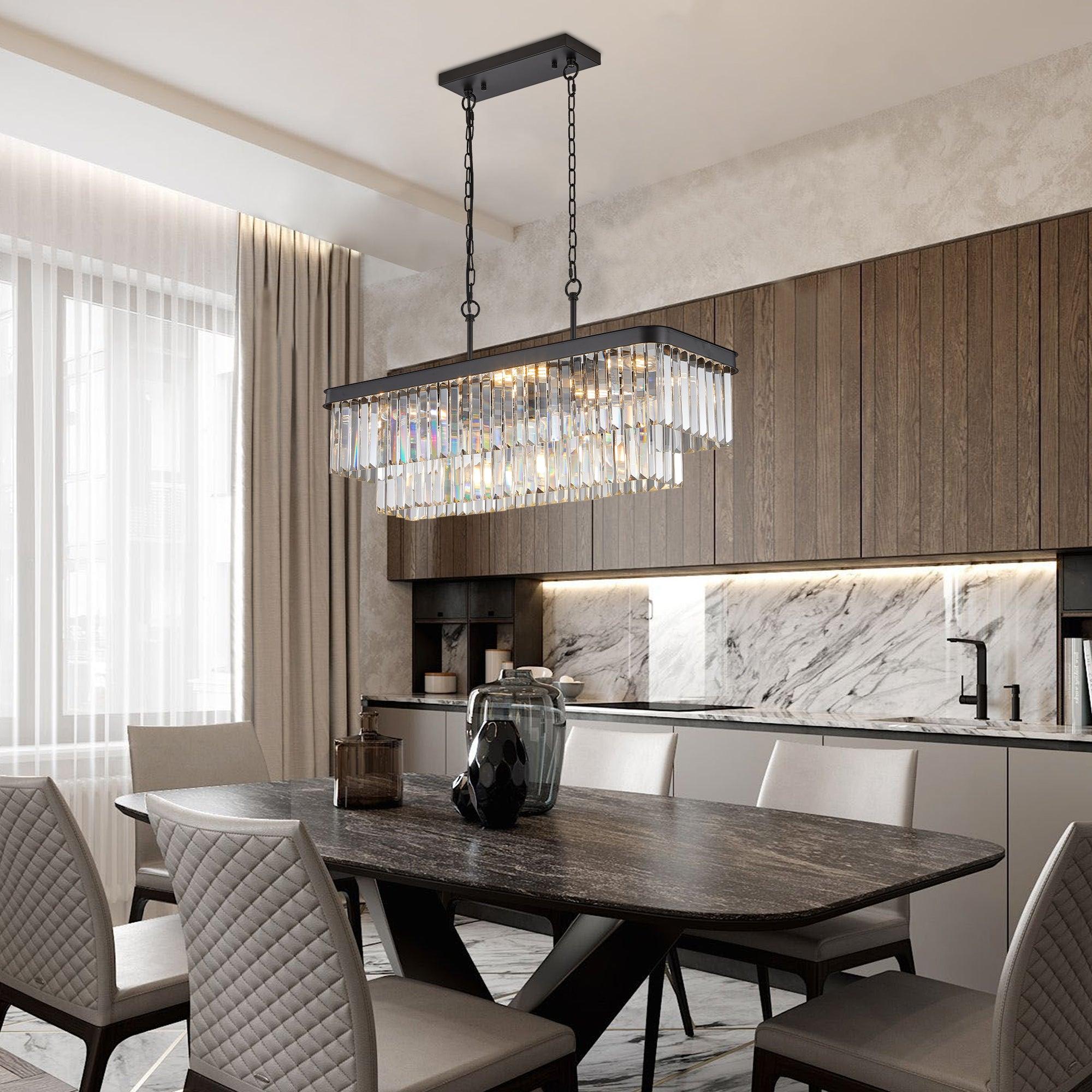 Modern Rectangular Crystal Chandelier - Adjustable E12 Industrial Farmhouse Ceiling Light with Iron Frame for Kitchen, Living Room & Bedroom | Black Finish (Bulbs Not Included) | Perfect for Dining Areas, Entryways and Home Decor