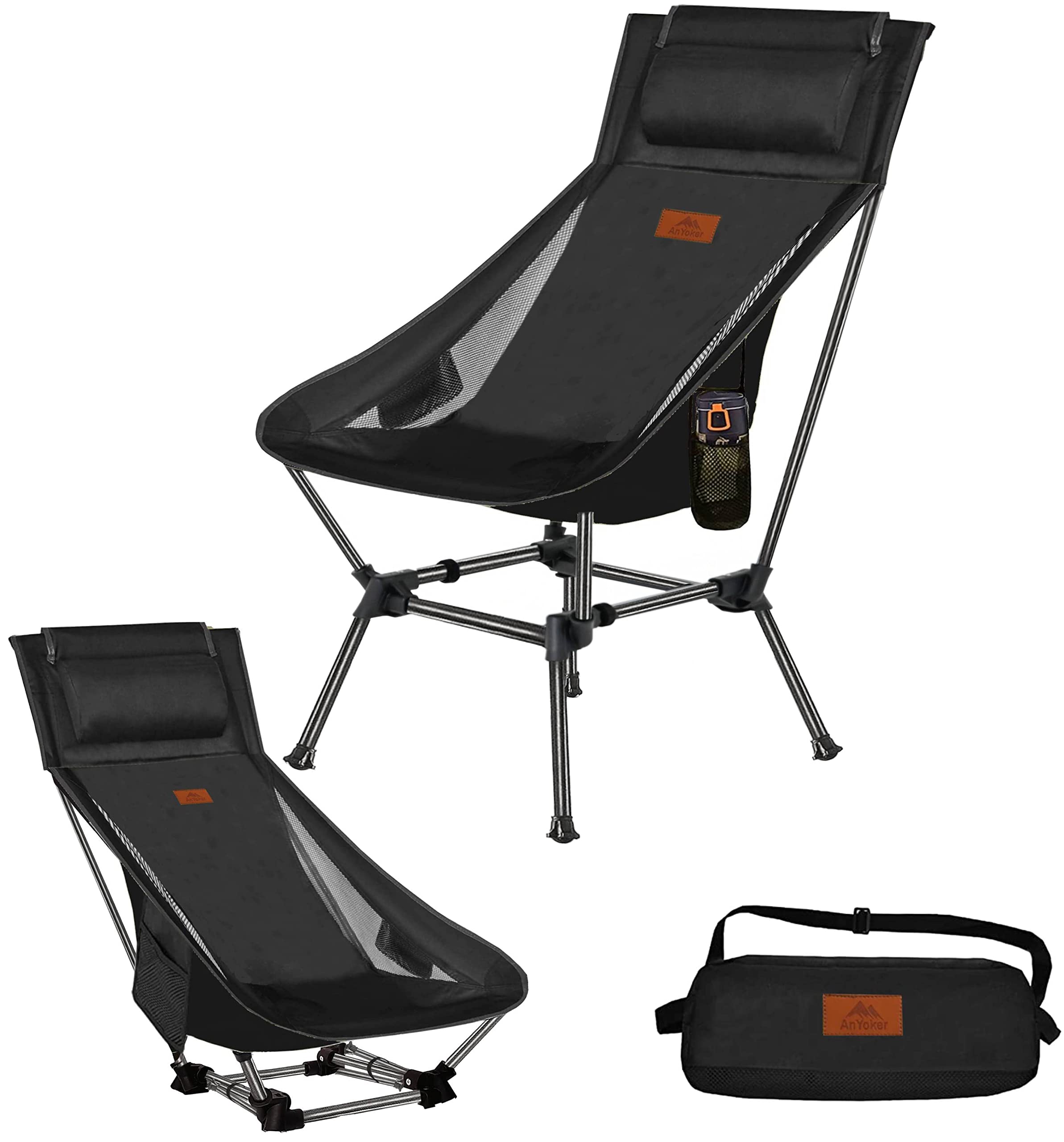 Portable Folding Camping Chair with Side Pocket & Headrest - Lightweight Compact 2-Way Backpacking Chair for Outdoor, Beach, Hiking, Picnics and Travel (Black) - Perfect for Camping Trips, Beach Relaxation and Outdoor Adventures