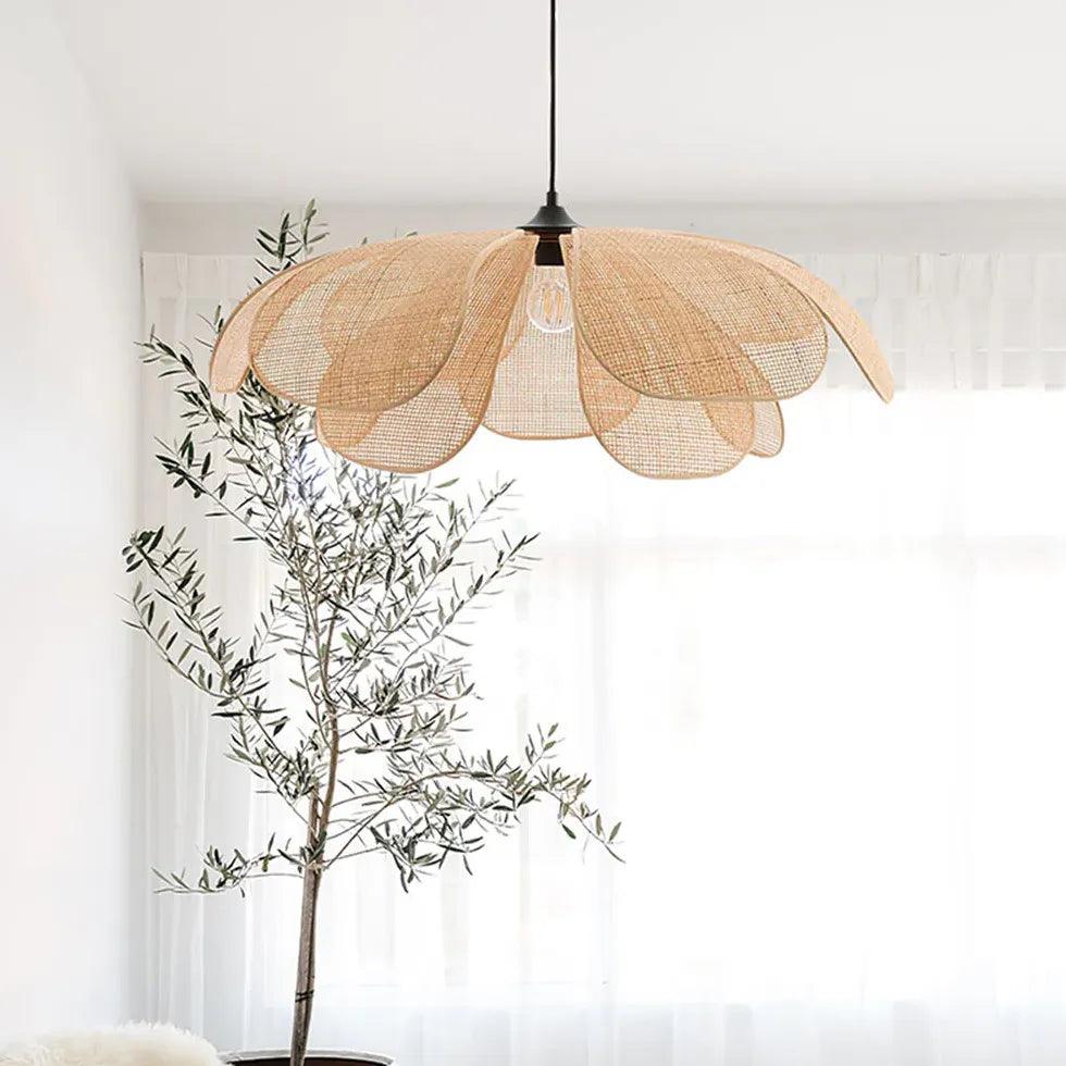 Rattan Multi-Petal Translucent Pendant Light - Boho Ceiling Fixture for Bedroom, Dining Room & Living Room Decor