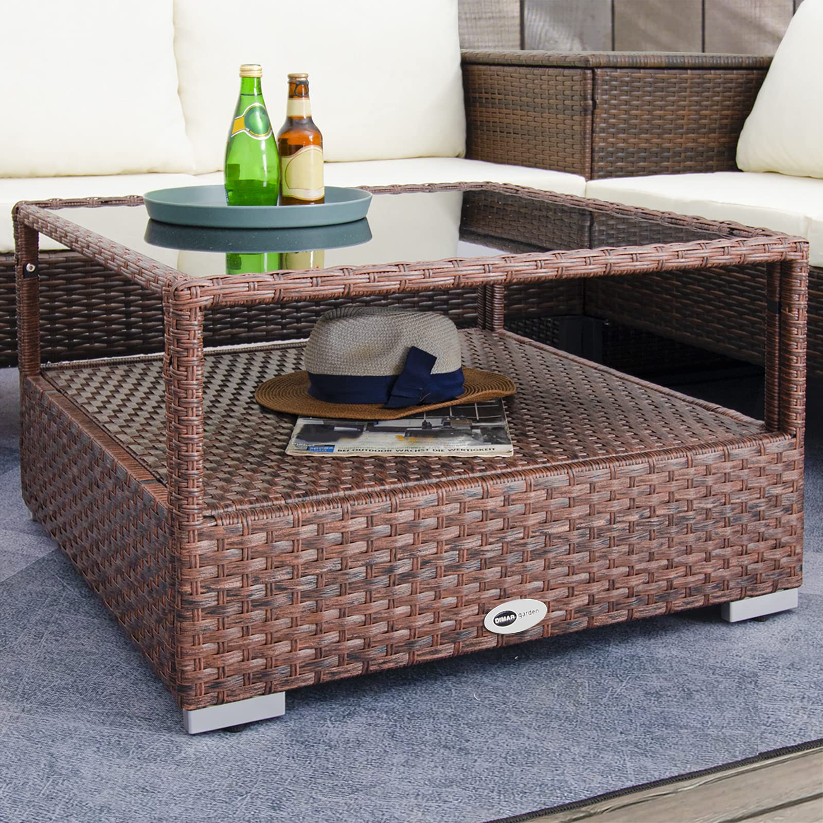 DIMAR GARDEN Outdoor Coffee Table - 29.5 Inch Wicker Patio Rattan Side Table with Tempered Glass Top & Storage Shelf, Mixed Brown - Perfect for Garden, Balcony, and Poolside Relaxation