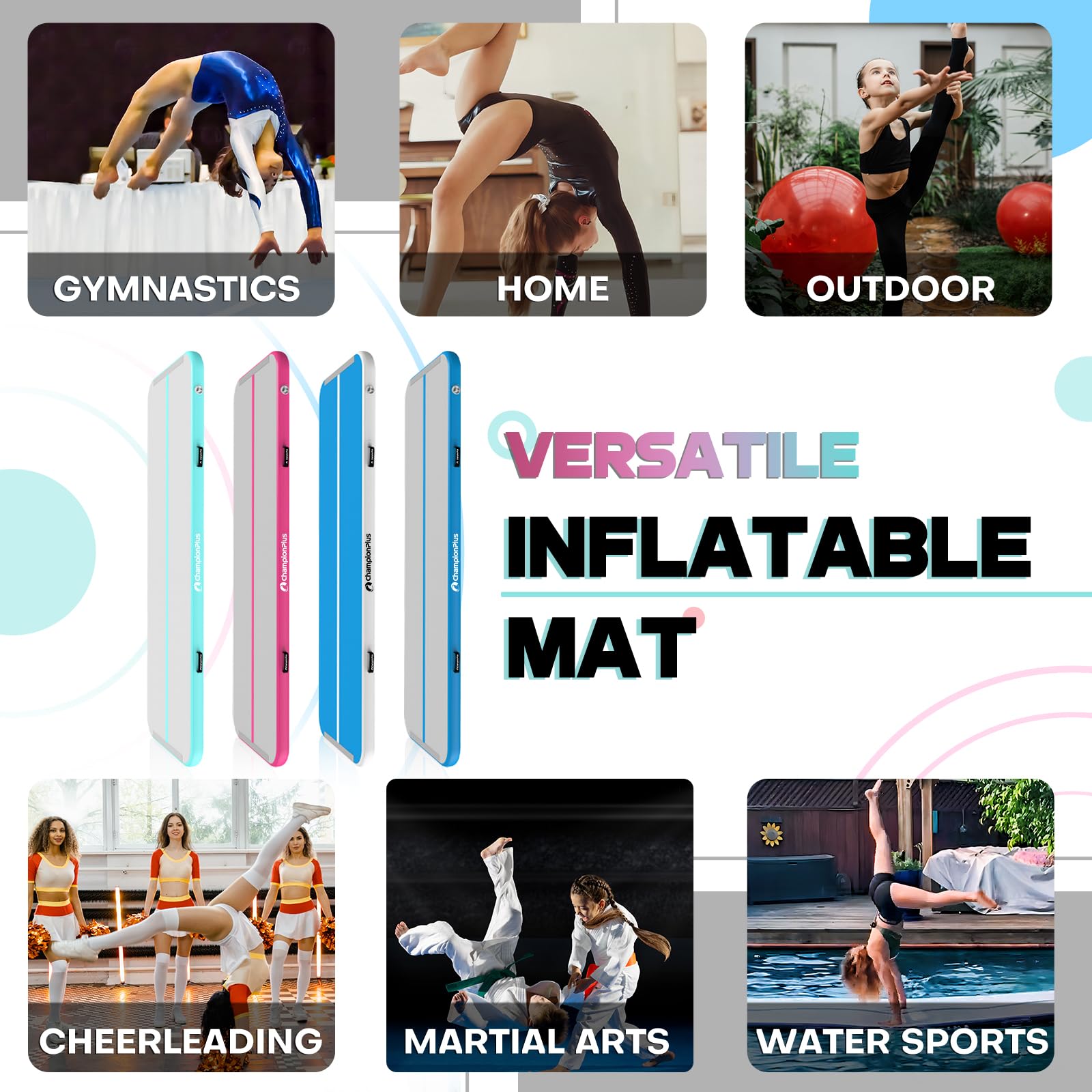 Inflatable Air Tumbling Mat - 4/8 Inch Thick Gymnastics & Cheerleading Training Mat with Electric Pump - 10ft/13ft/16ft/20ft Sizes for Home Gym, Yoga, Water Exercises & Kids Play