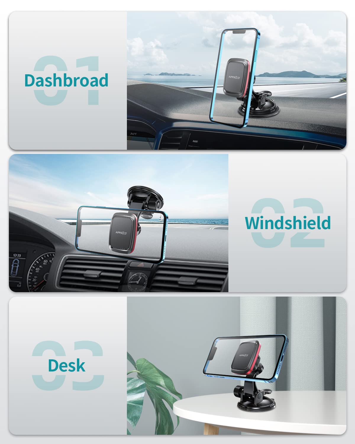 APPS2Car Magnetic Car Phone Mount - Adjustable Arm & 6 Strong Magnets, Universal Dashboard & Windshield Phone Holder for iPhone, Samsung, Pixel (Perfect for GPS Navigation & Hands-Free Driving)