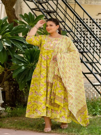 Plus Size Lime Green Embroidered Cotton Anarkali Dupatta Set of 2 for Women | Traditional Indian Kurti Dress for Festivals & Weddings | Elegant Ethnic Outfit for Parties & Special Occasions