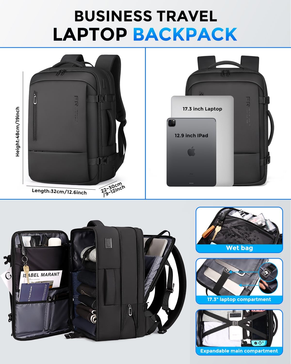 Men's Travel Backpack - Flight Approved Carry-On Backpack with USB Charging Port, Water Resistant Expandable Laptop Daypack (Fits 17.3 Inch Laptop) - Perfect for Business Travel, College & Work Commute