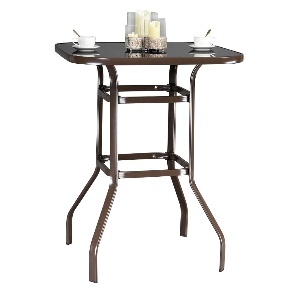 **Outdoor Bar Table - 36 Inch Square High Top Bistro Table with Metal Frame & Tempered Glass Top - Patio Pub Table for Deck, Poolside, Garden, Porch - Perfect for Outdoor Dining & Entertaining (Brown)**
