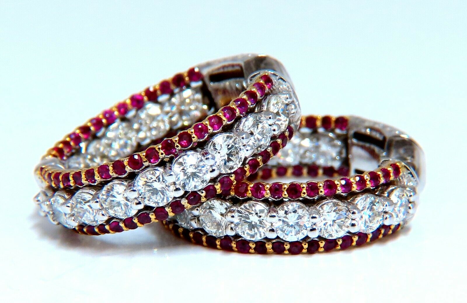 4.24ct Natural Red Ruby Diamond Hoop Earrings 14K Gold Three-Row Intricate Design - Perfect for Weddings, Parties & Special Occasions