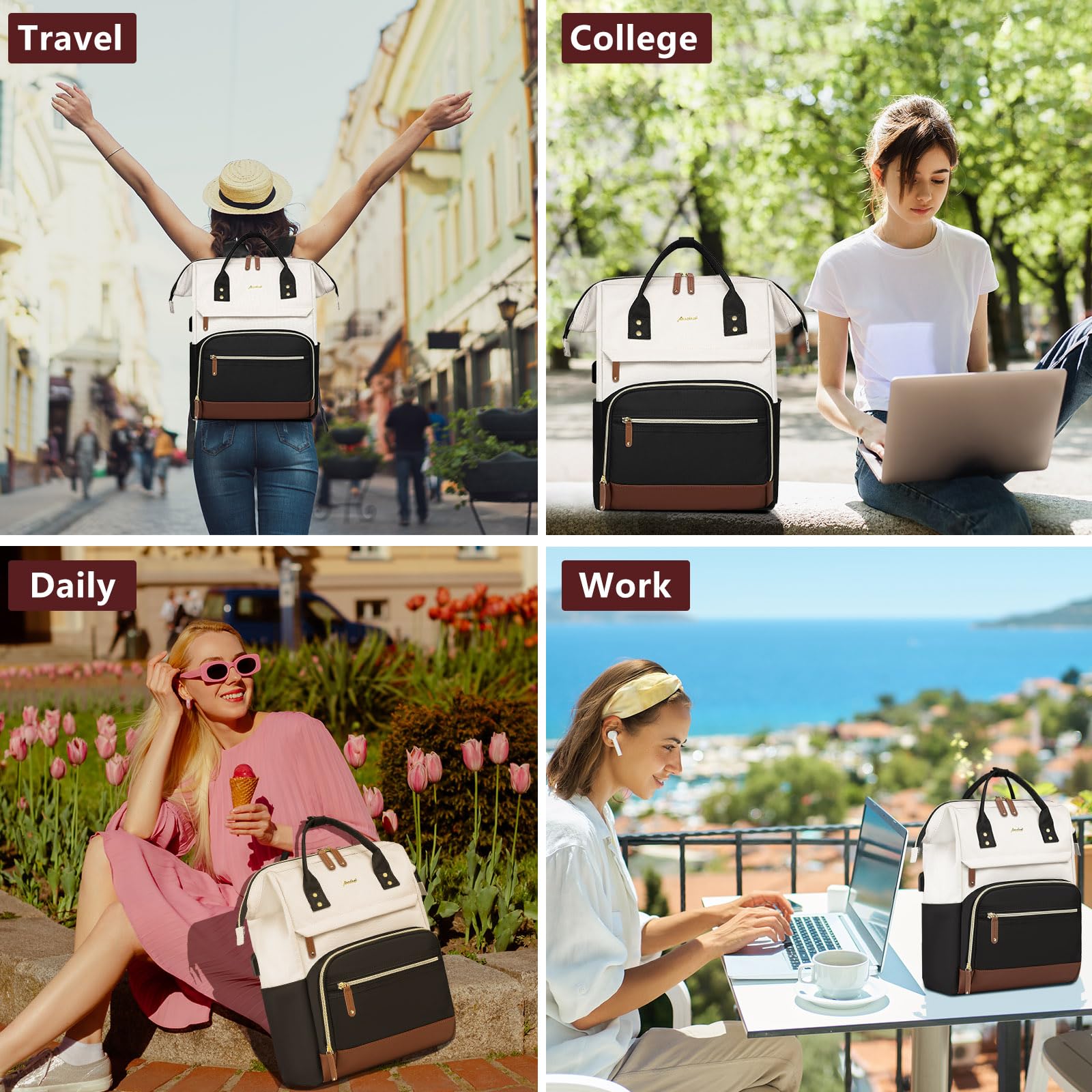 Stylish 17 Inch Women's Laptop Backpack - Waterproof Work Bag with USB Charger & Anti-Theft Design for Nurses, Teachers & College Students - Perfect for Travel, Business & Daily Commute (Beige/Black/Brown)