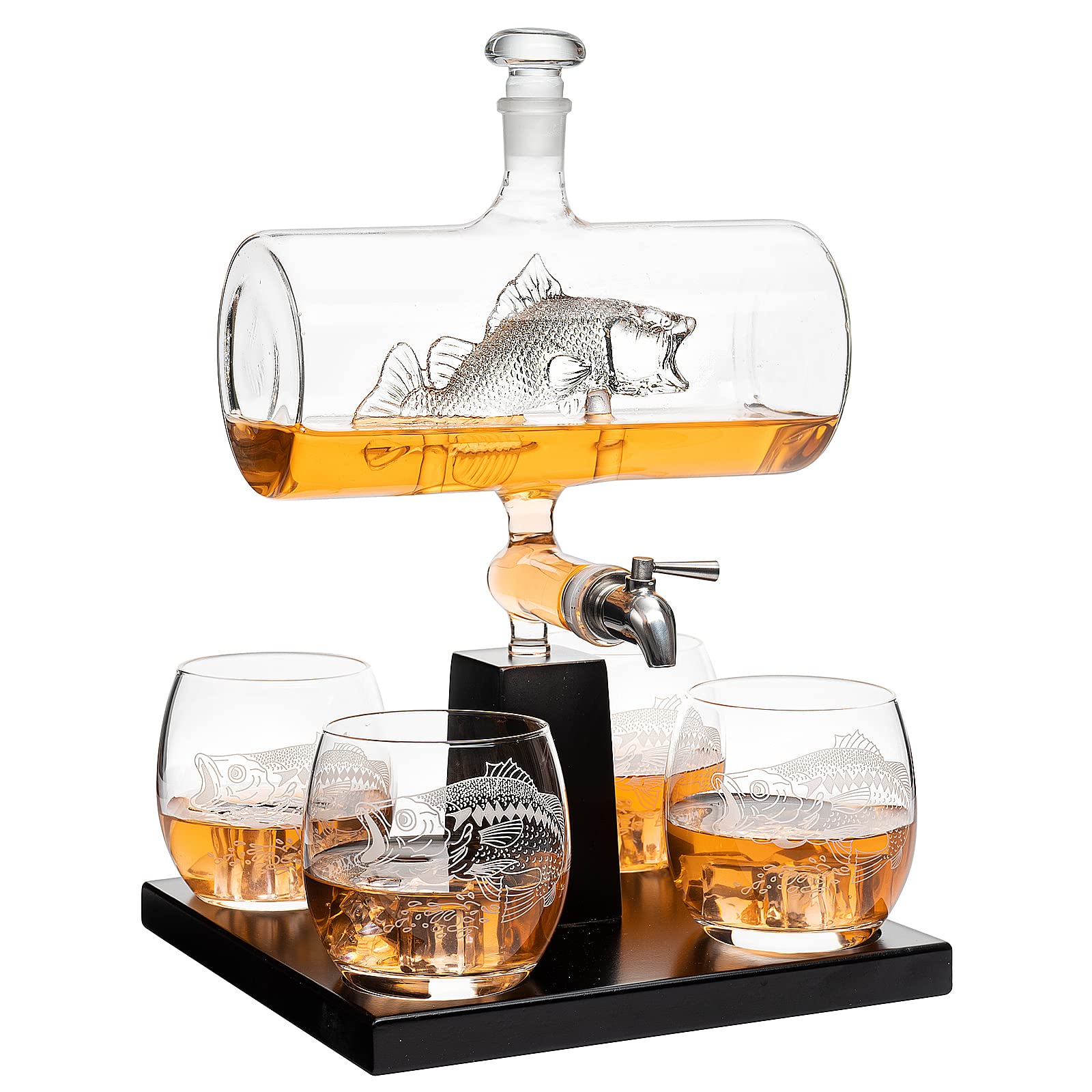 Premium 1100ml Bass Fish Wine & Whiskey Decanter Set with 4 Matching Glasses - Unique Fishing & Boating Gift for Men, Scotch & Bourbon Drink Dispenser - Perfect for Father's Day, Birthday & Outdoor Enthusiasts