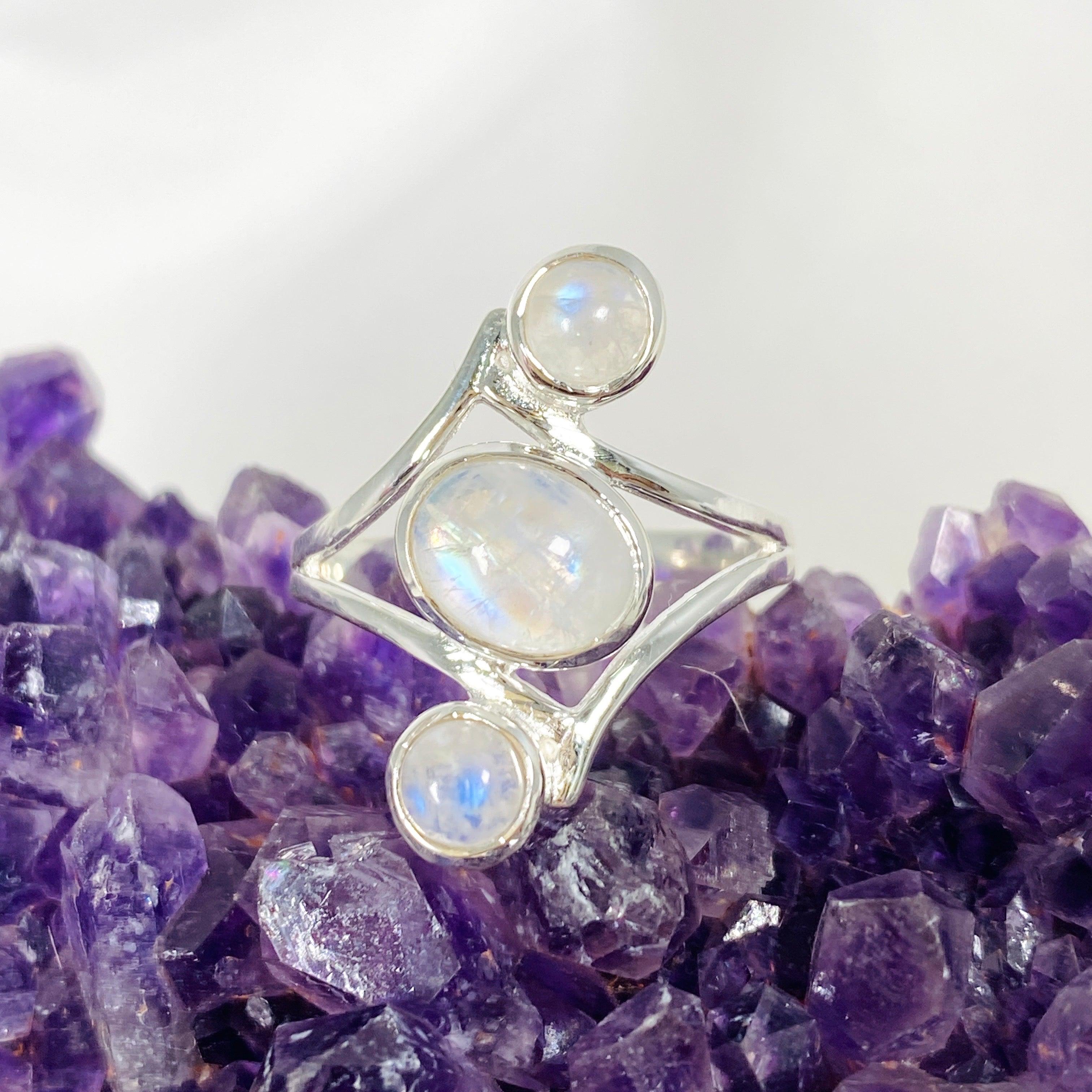 Moonstone Triple Stone Ring R3976 - Elegant Sterling Silver Jewelry for Women, Perfect for Weddings, Parties & Everyday Wear