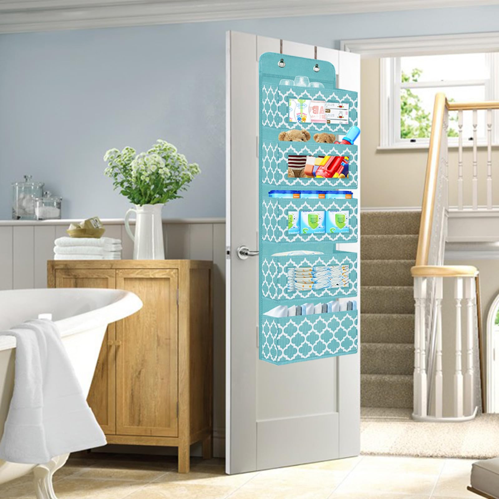 Over the Door Hanging Organizer with 5 Pockets - Baby Clothes & Diaper Storage for Nursery, Closet, Bathroom & Kitchen | Space Saving 12.2