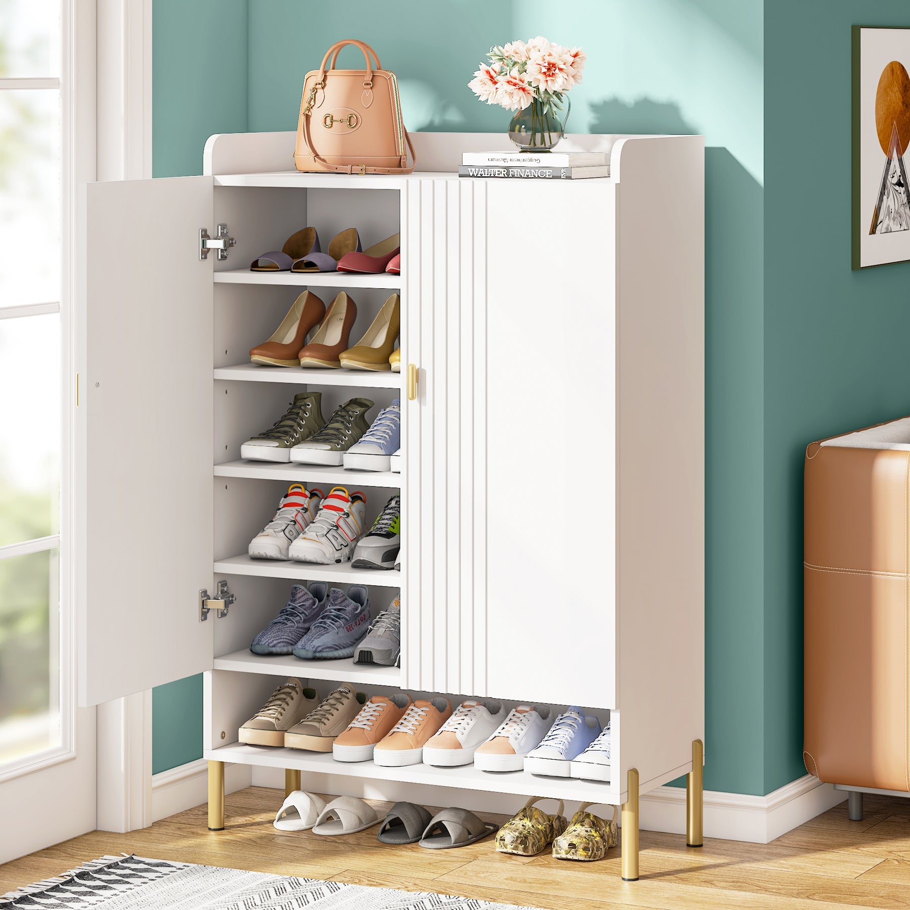 6-Tier Wooden Shoe Cabinet with Adjustable Shelves - Entryway Shoe Organizer for Closet, Hallway & Mudroom Storage - Space Saving Shoe Rack for Home Organization