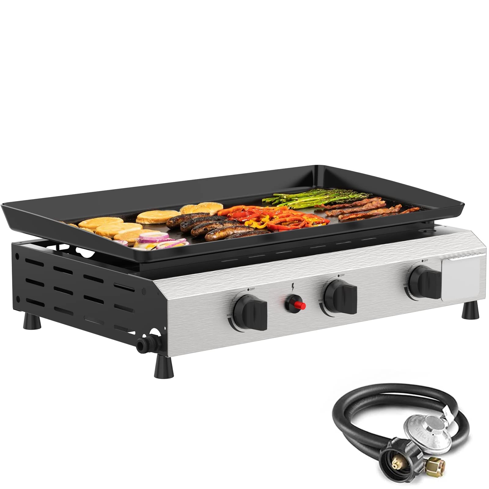 SKOK 3 Burner Gas Griddle - 23.3 Inch Outdoor Propane Griddle with 30,000 BTU - Portable Flat Top Gas Grill for Camping, BBQ, Tailgating & Backyard Cooking - Perfect for Outdoor Parties, Picnics & Family Gatherings