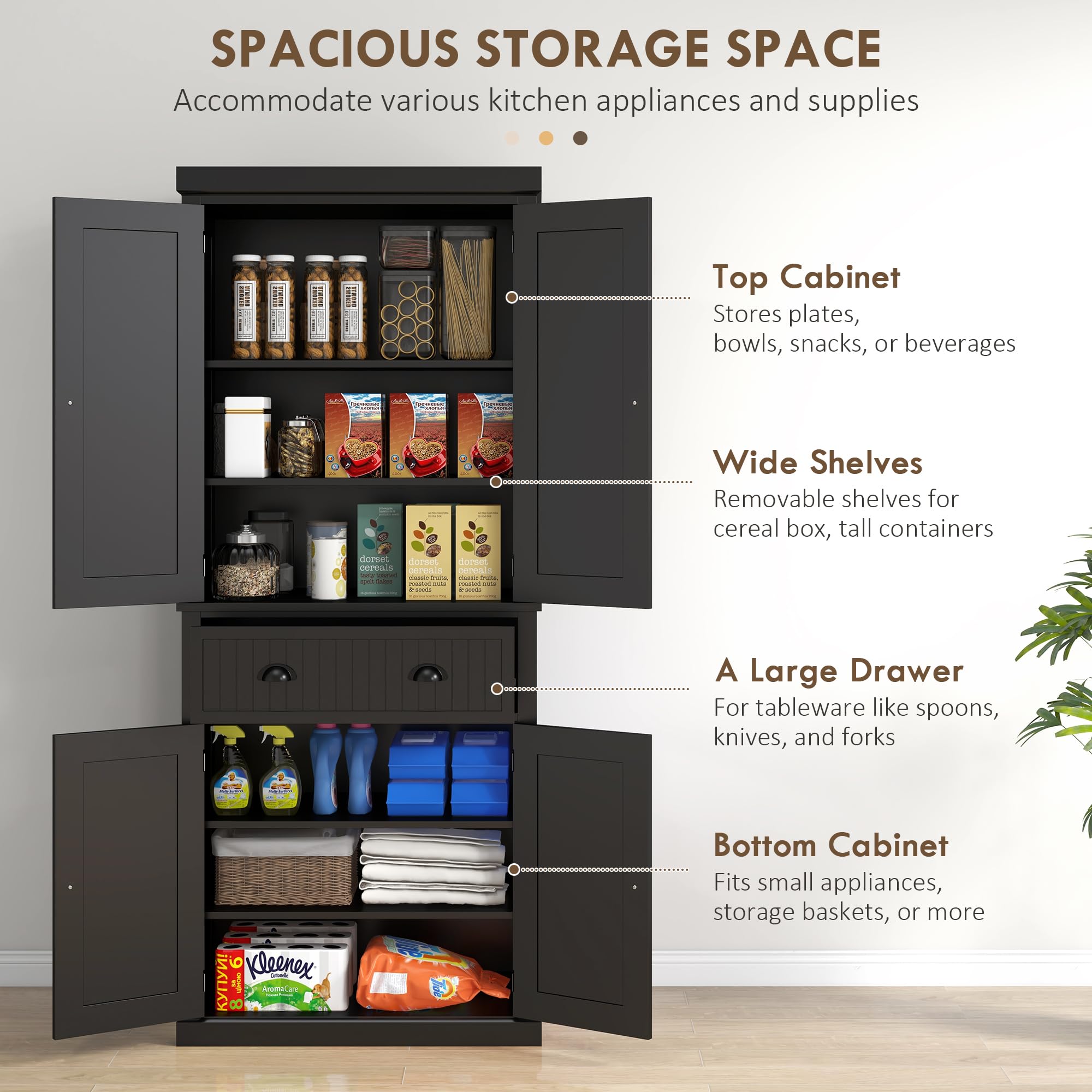 HOMCOM 72 Inch Traditional Kitchen Pantry Cabinet - Freestanding Tall Storage Cabinet with 4 Doors, Drawer & 3 Adjustable Shelves - Black - Perfect for Dining Room, Kitchen, or Pantry Organization