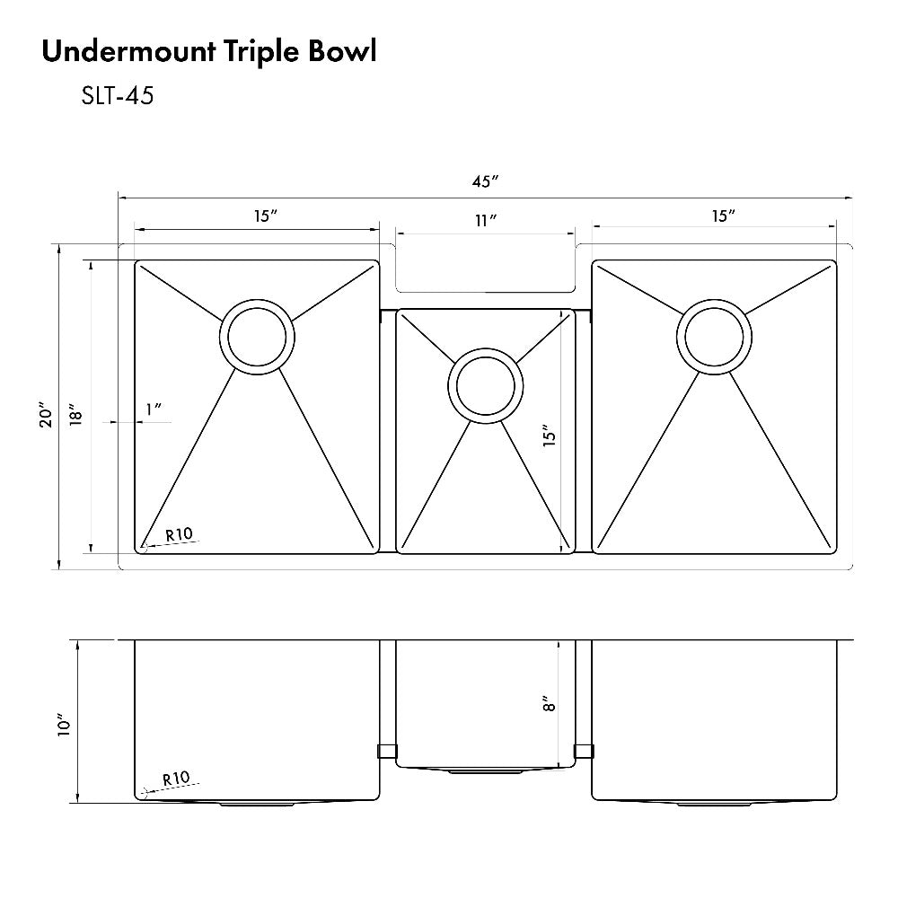 ZLINE Breckenridge 45-Inch Undermount Triple Bowl Stainless Steel Kitchen Sink with Bottom Grid & Accessories (SLT 45) - Perfect for Large Kitchens, Commercial Use & Heavy-Duty Food Prep