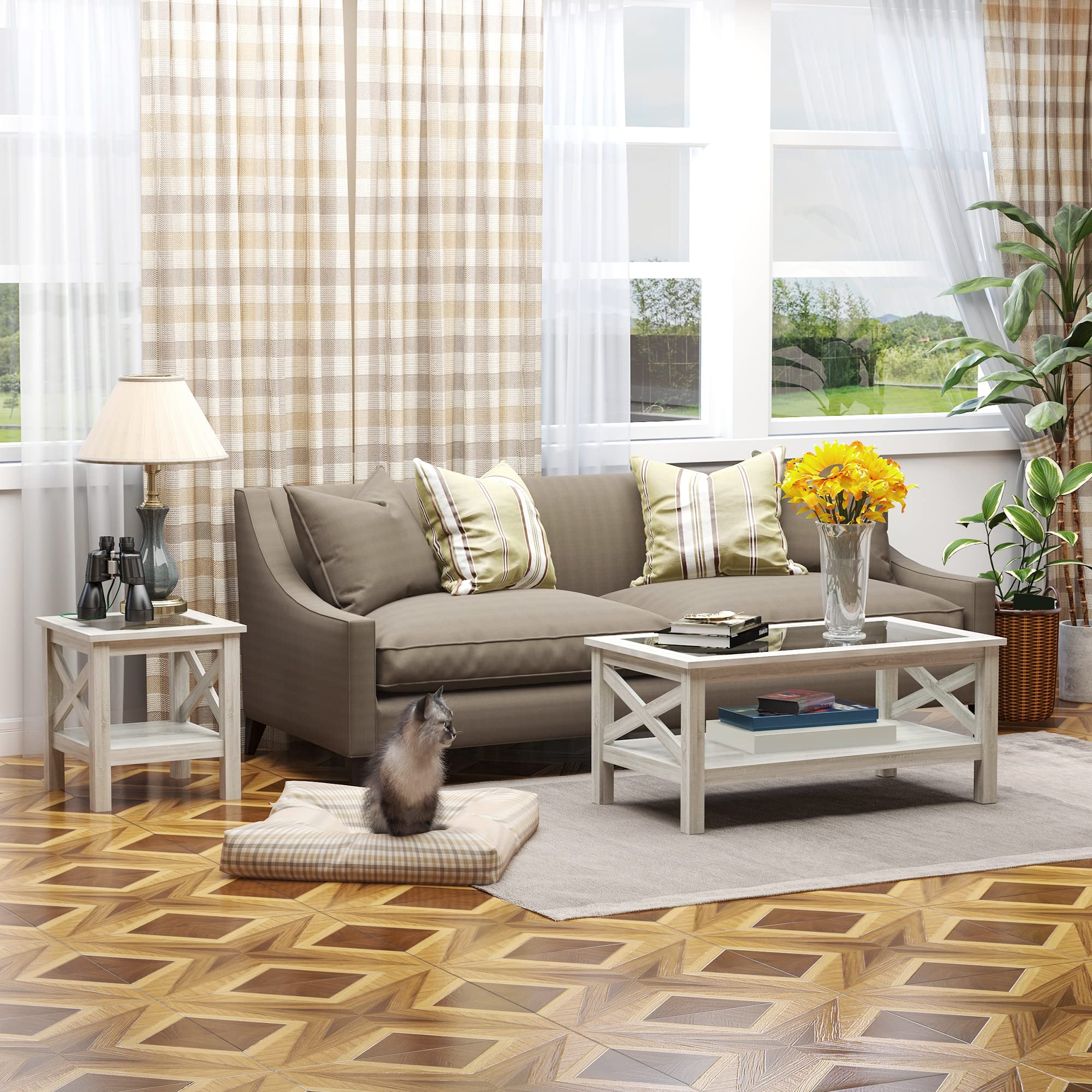 Farmhouse Style Coffee Table with Wood Frame & Tempered Glass Top - 39.25