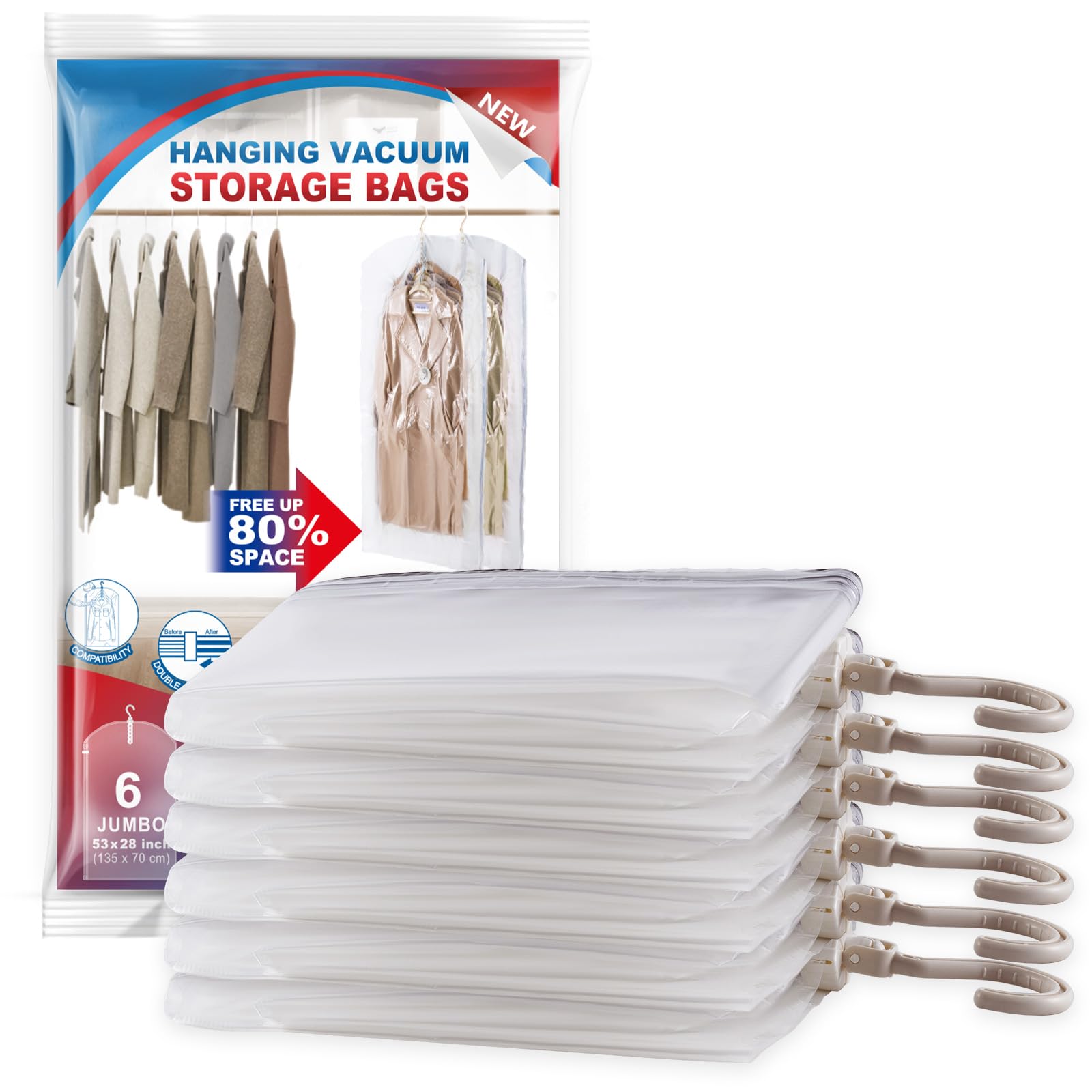 6 Pack Large Hanging Vacuum Storage Bags for Clothes - Space Saving Vacuum Seal Bags for Clothing, Suits, Dresses, Jackets - Closet Organizer & Moving Supplies (53.1x27.6 inches) - Perfect for Travel, Seasonal Storage & Home Organization