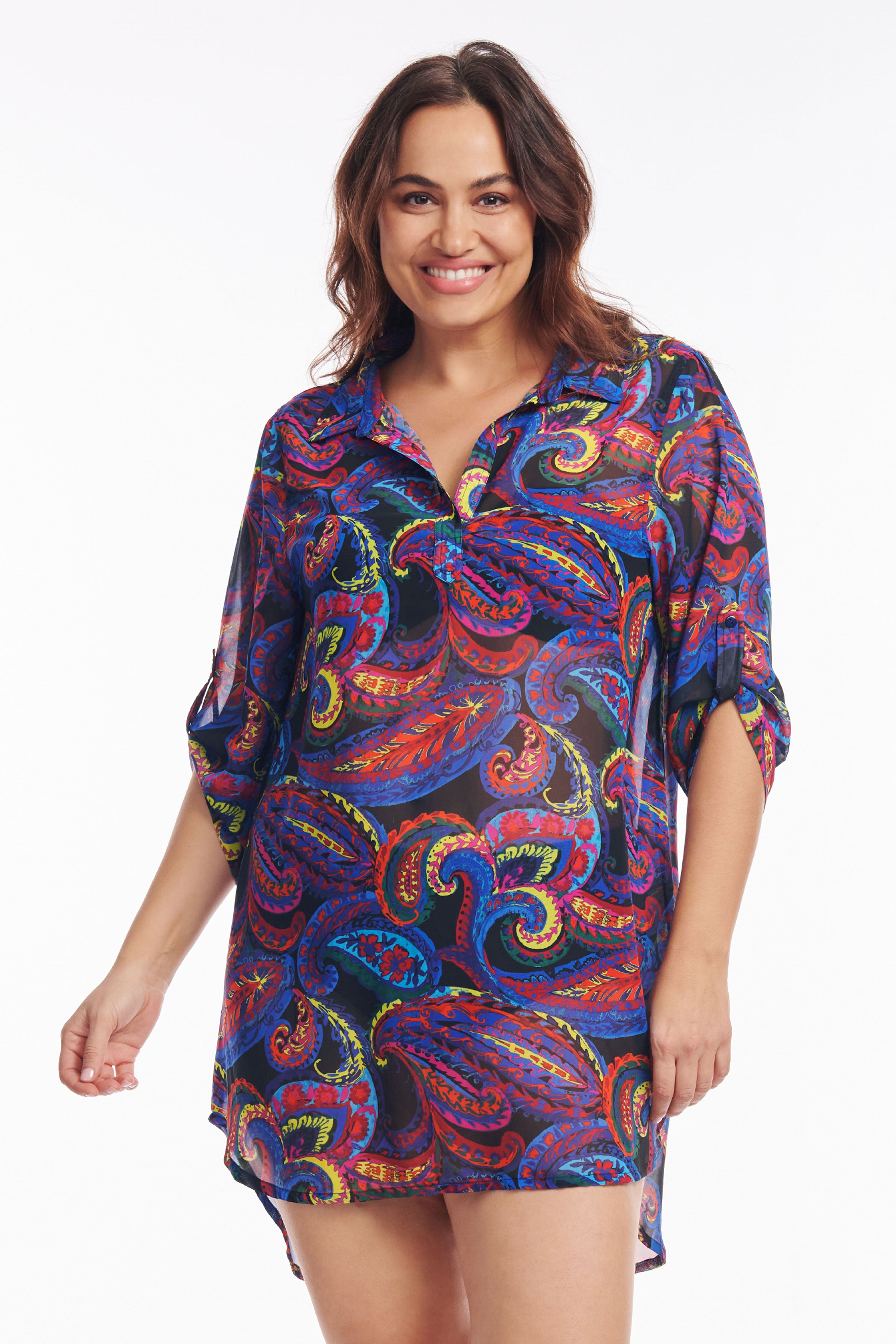 Plus Size Collared Pullover Tunic Coverup in French Paisley Print - Stylish Loose Fit Blouse for Women, Perfect for Beach Cover-Up, Casual Outings & Layering