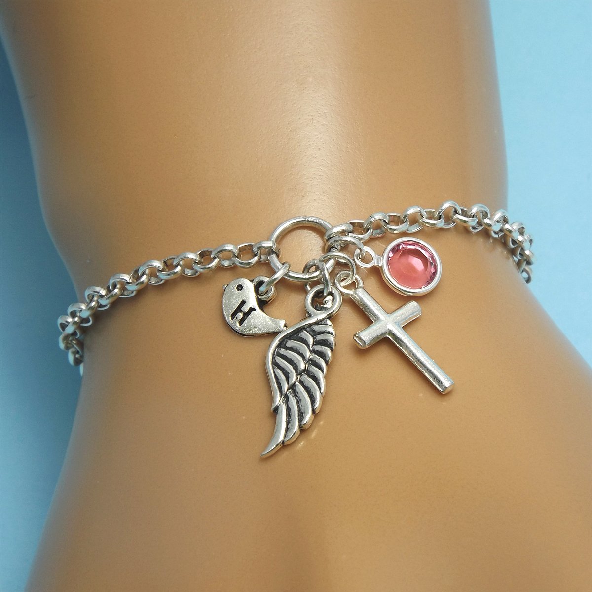Personalized Catholic Remembrance Jewelry - Silver Cross Charm & Angel Wing Bracelet for Women | Religious Gifts, Baptism, First Communion, Prayer & Memorial Keepsake