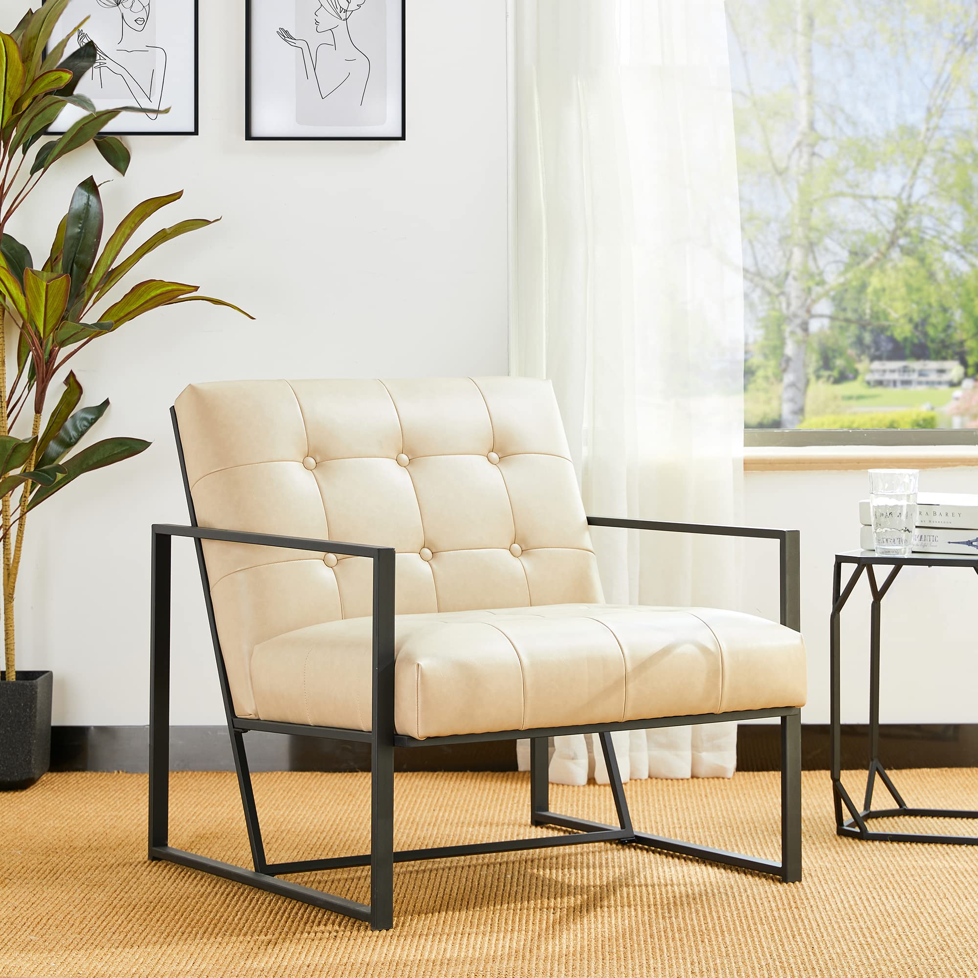 Glitzhome Mid Century Modern Accent Chair - Durable Metal Frame & PU Leather Cushioned Living Room Armchair for Reading, Bedroom, Home Office - Beige | Stylish Seating for Relaxation, Work & Entertainment