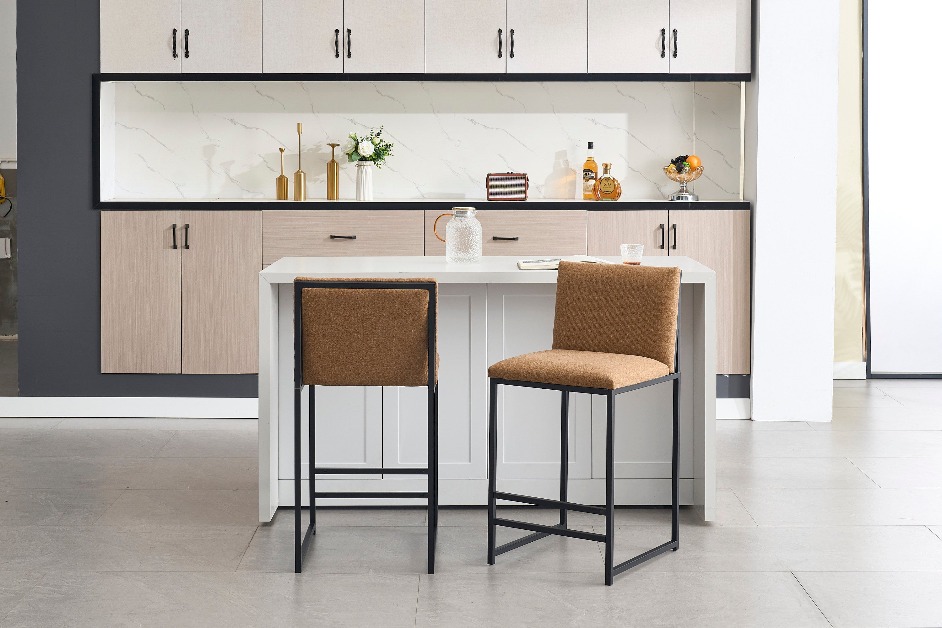 2-Pack Counter Height Bar Stools with Upholstered Linen Seats & Metal Footrest - Modern Kitchen Island Stools for Dining Room, Breakfast Nook, Coffee Shop or Home Bar (Black/Gray)