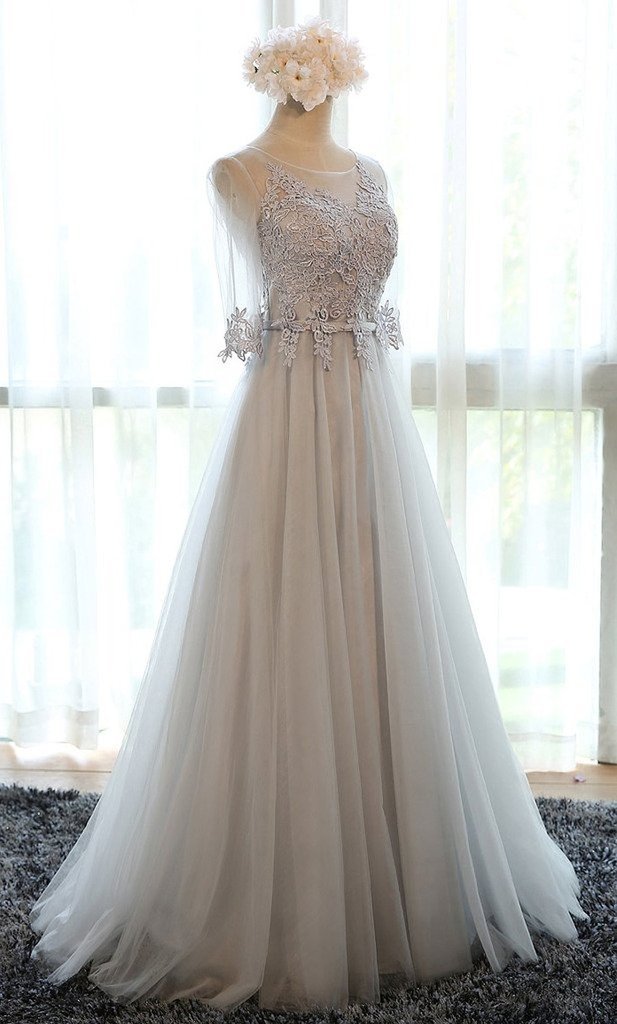 Elegant Women's Half Sleeve Lace Applique Tulle Formal Evening Gown - Perfect for Prom, Wedding Guest & Black Tie Events