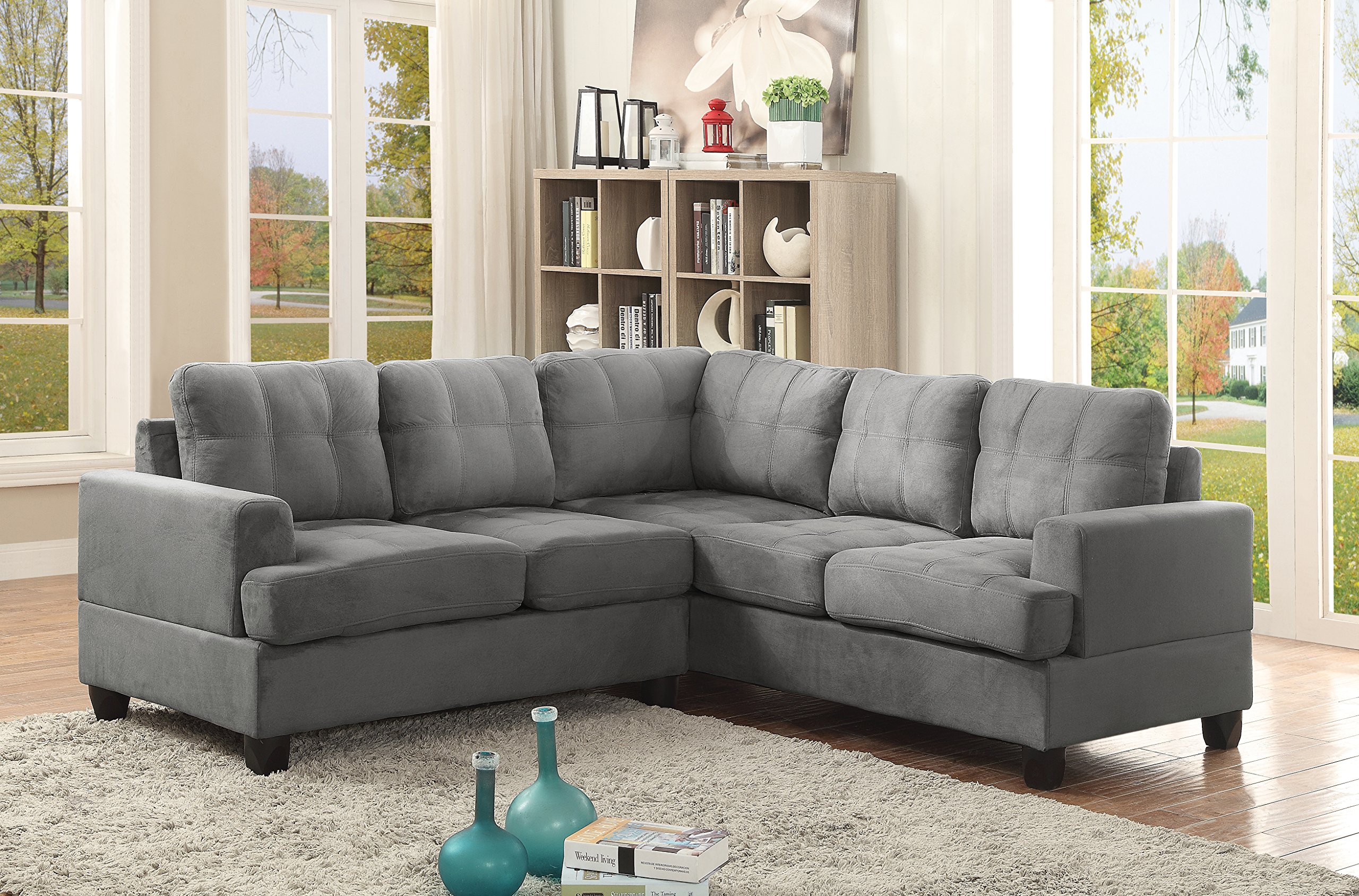 Glory Furniture G513B-SC Modern L-Shaped Sectional Sofa Set with Ottoman, Soft Grey Fabric, 2-Piece Modular Design - Perfect for Living Room, Family Room & Small Spaces