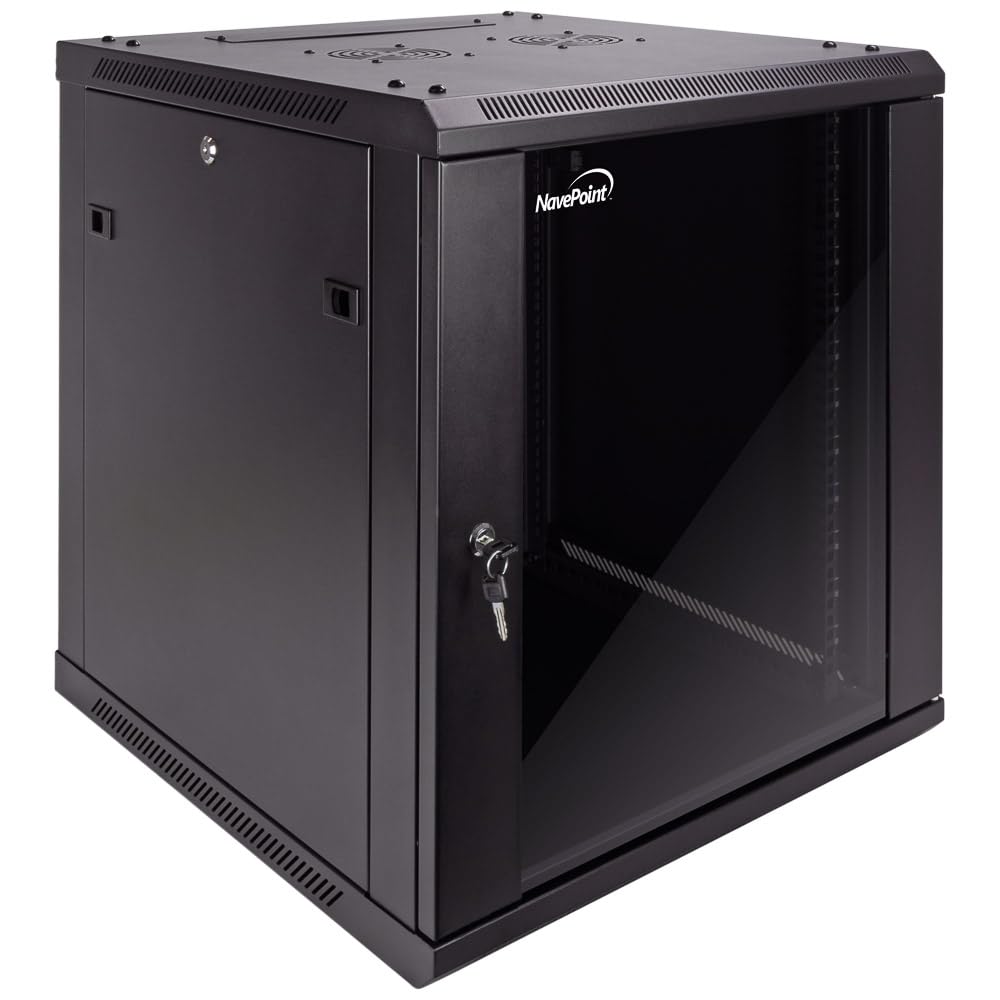 NavePoint 12U Wall Mount Server Rack Cabinet - 19 Inch Network Rack Enclosure with Locking Glass Door, 2 Cooling Fans & Removable Side Panels | 23.6