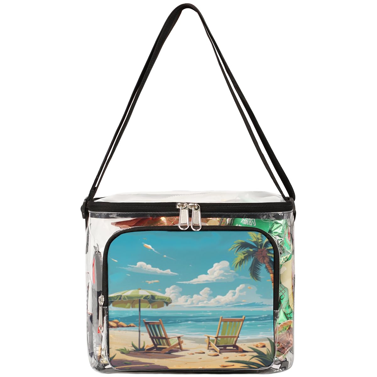 GzLeyigou Clear Transparent Beach Tote Bag with Handles - Palm Tree Design Crossbody Shoulder Bag for Lunch, Outdoor, Travel, Picnic, Concerts & Sports Events | Stadium Approved Waterproof Carry-All for Summer, Pool Party, Music Festival & Vacation Essentials
