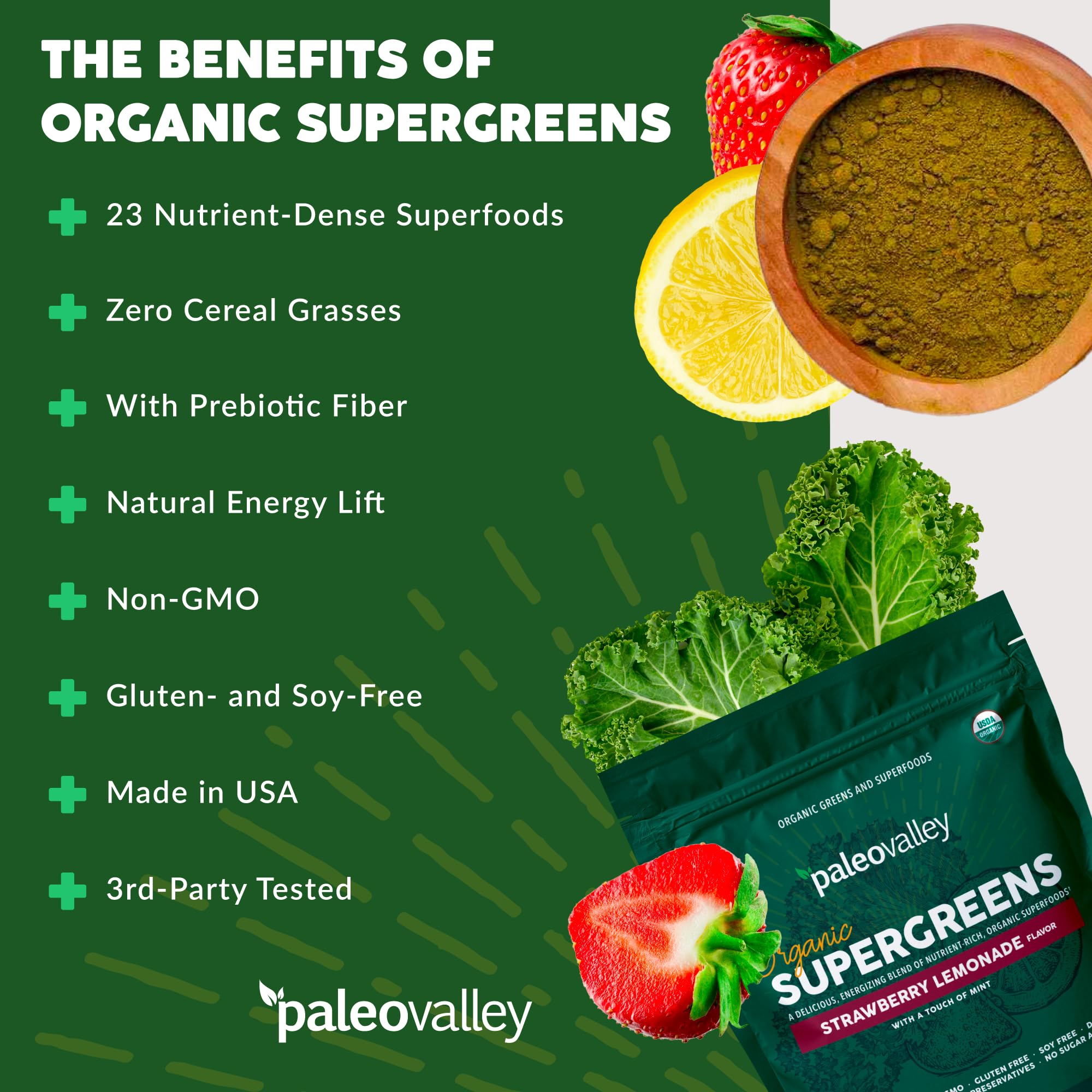 Paleovalley Organic Supergreens Powder - 23 Organic Superfoods Blend, Gluten Free, No Cereal Grasses, Soy or Grains - Paleo Green Powder Supplement (3 Pack, 28 Servings) - Perfect for Smoothies, Juices & Healthy Lifestyle Boost