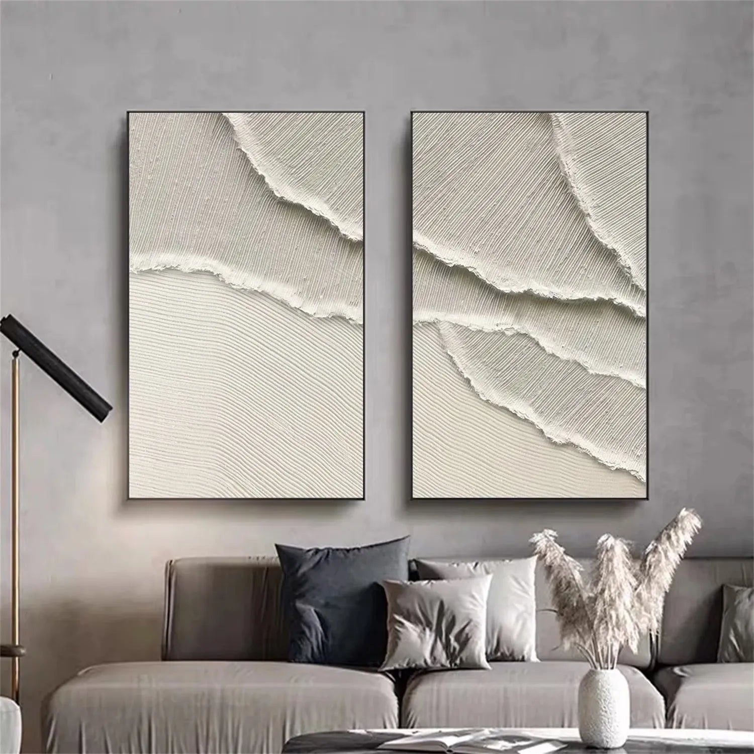 White Minimalist Textured Painting Canvas Set of 2 - Modern Abstract Wall Art for Living Room & Bedroom Decor #MM292