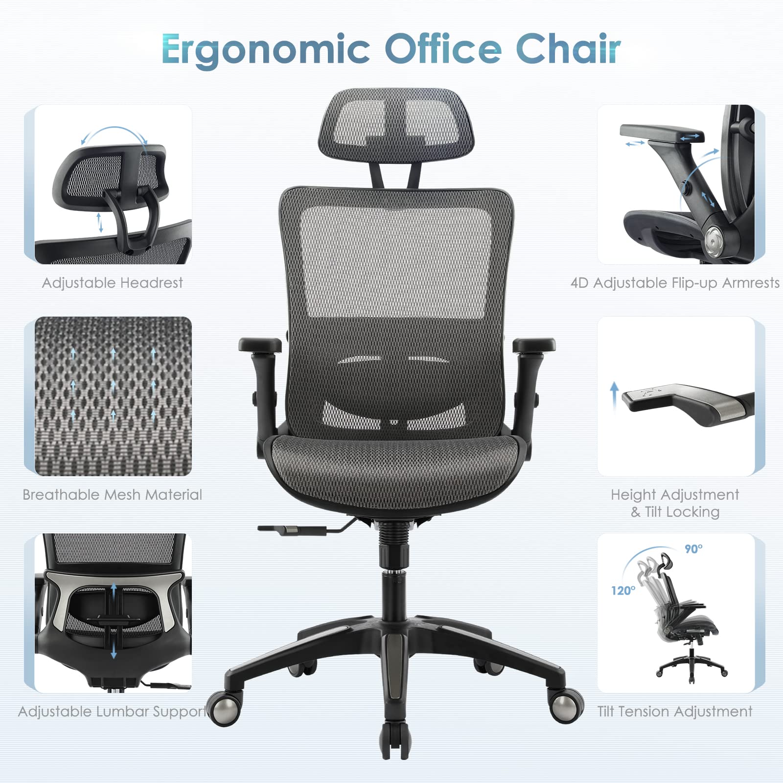Ergonomic Mesh Office Chair with High Back, Headrest & 4D Flip-Up Armrests - Adjustable Tilt Lock & Lumbar Support - Grey - Perfect for Home Office, Gaming & Computer Workstations
