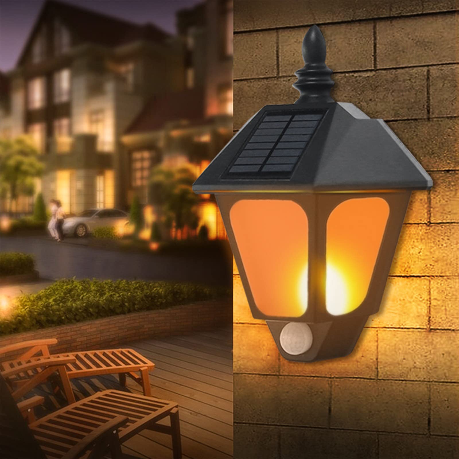 BZPIZ Solar Powered Outdoor Wall Lights with Flickering Flame Effect - Waterproof Solar Sconce for Patio, Garden, Garage, Front & Back Door - 2 Lighting Modes (Warm White & Flickering) - Perfect for Halloween, Christmas Decor & Year-Round Ambiance