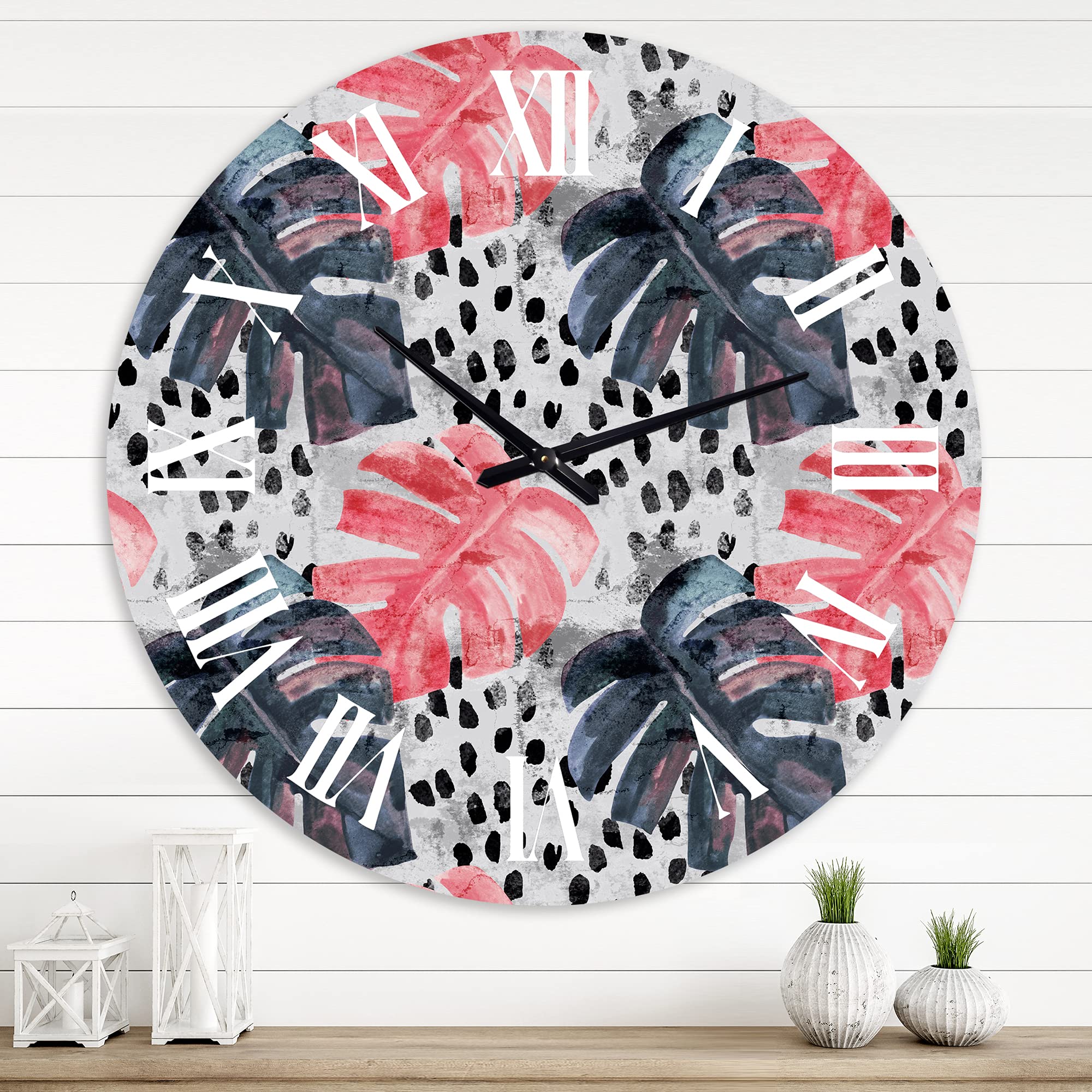 DesignQ Tropical Wall Clock - Large Colored Monstera Leaf on Rough Brush Strokes - Nature-Inspired Kitchen Decor - Perfect for Home, Office & Living Room Wall Art