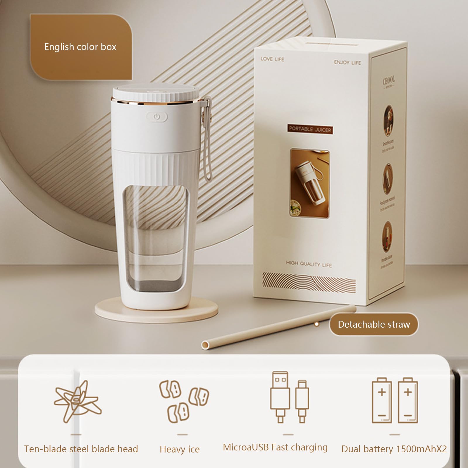 Portable USB Rechargeable Blender - 340ml Mini Personal Blender for Shakes, Smoothies & Juices with 10 Stainless Steel Blades - Perfect for Kitchen, Gym, Travel & Outdoor Activities - White