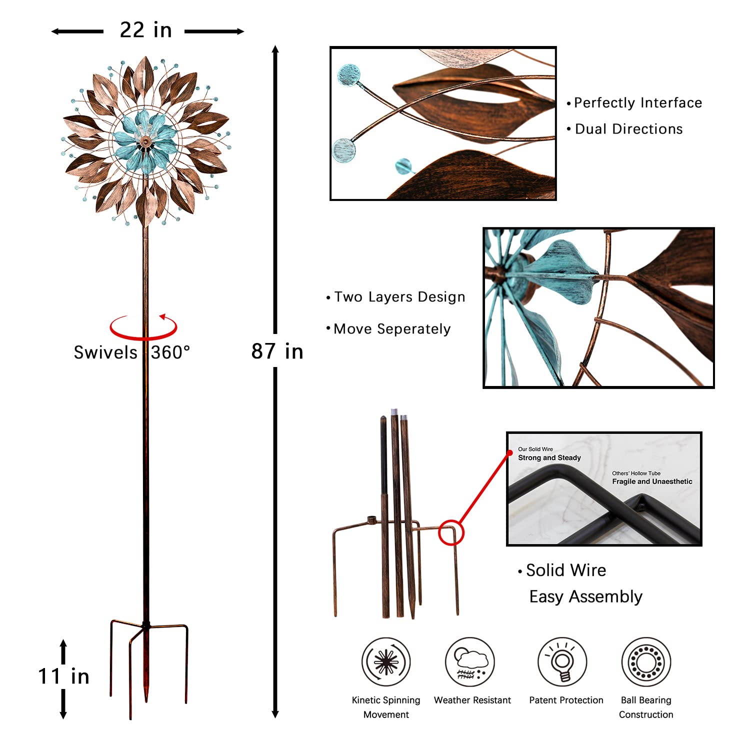 Solar Powered Large Metal Wind Spinner for Yard & Garden - 87