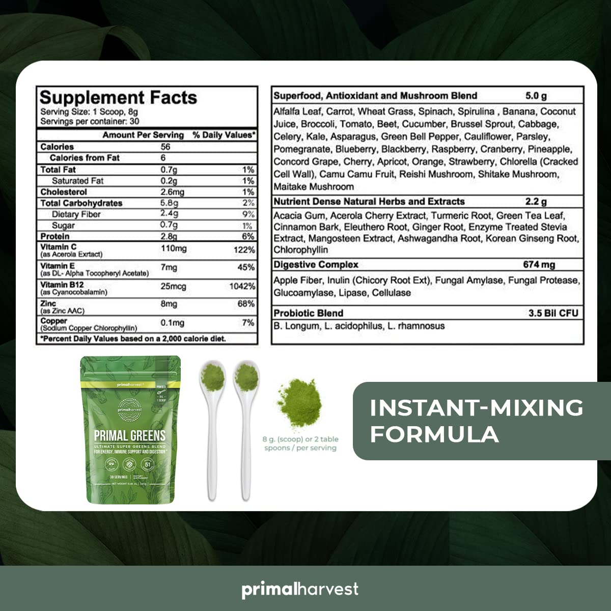 Primal Harvest Super Greens & Multi Collagen Capsules for Women and Men - Organic Superfood Powder with Collagen Peptides for Hair Growth, Skin Health & Nail Strength - Daily Wellness Supplement for Energy & Detox