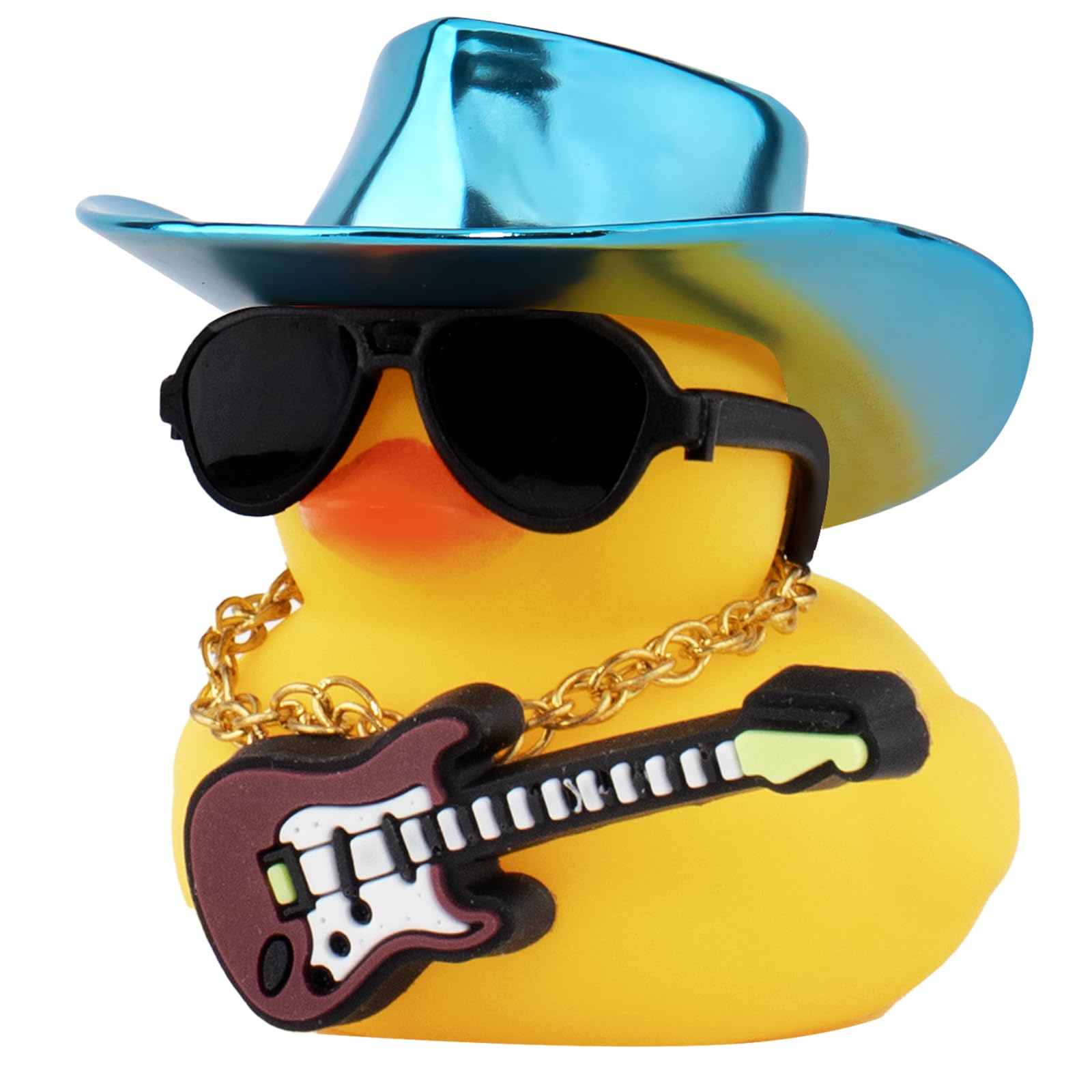 Wonuu Rubber Duck Car Ornaments with Cowboy Hat, Necklace & Sunglasses - Blue Guitar Duck Dashboard Decor for Cool Car Accessories, Perfect for Road Trips & Gift Giving
