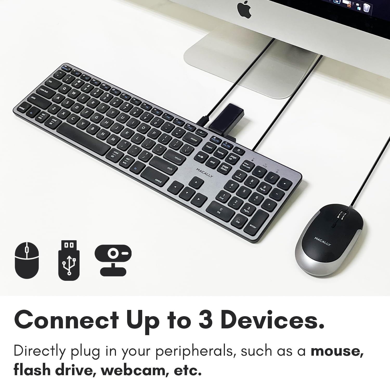 **Macally Premium Wired USB-C Keyboard with 3-Port Hub (2x USB-A, 1x USB-C) – Full-Size Mechanical Keyboard for Mac Mini, iMac, MacBook, iPad & PC – Ideal for Home Office, Gaming & Productivity**