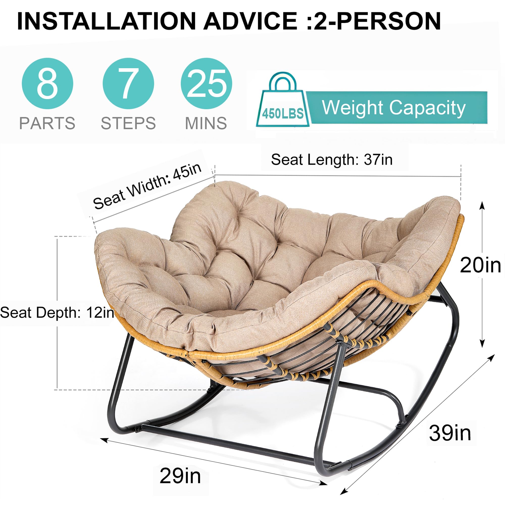 SWITTE Outdoor Rocking Chair - Egg-Shaped Patio Chair with Rattan Wicker Design, Modern Papasan Lounge Chair for Indoor & Outdoor Use - Perfect for Bedroom, Living Room, Porch, Garden and Lawn Relaxation (Beige)