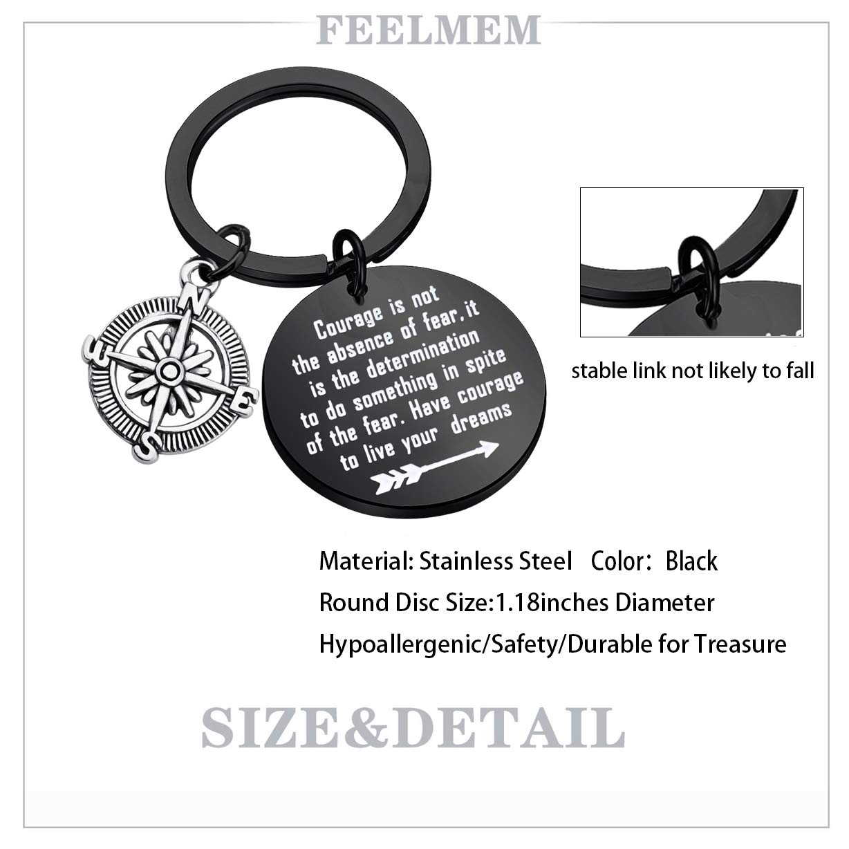 FEELMEM Inspirational Keychain - 'Courage Is Not The Absence of Fear' Graduation Gift, Compass Keychain for New Adventures (Perfect for Graduates, Travelers & Motivational Gifts)
