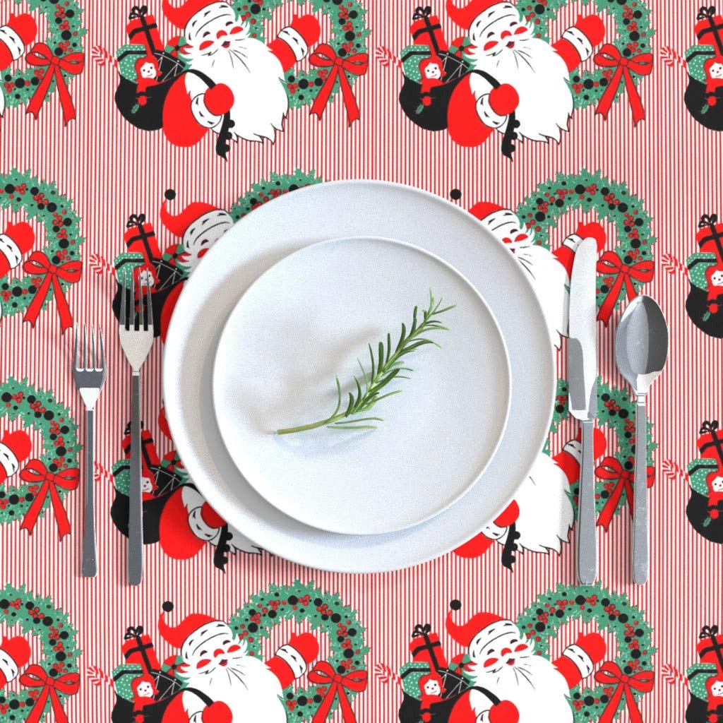 Custom Printed Cotton Sateen Tablecloth 70x90 Inches - Vintage Christmas Santa Holiday Design with Wreaths, Toys & Candy Canes | Perfect for Holiday Dining, Party Decor & Festive Table Settings