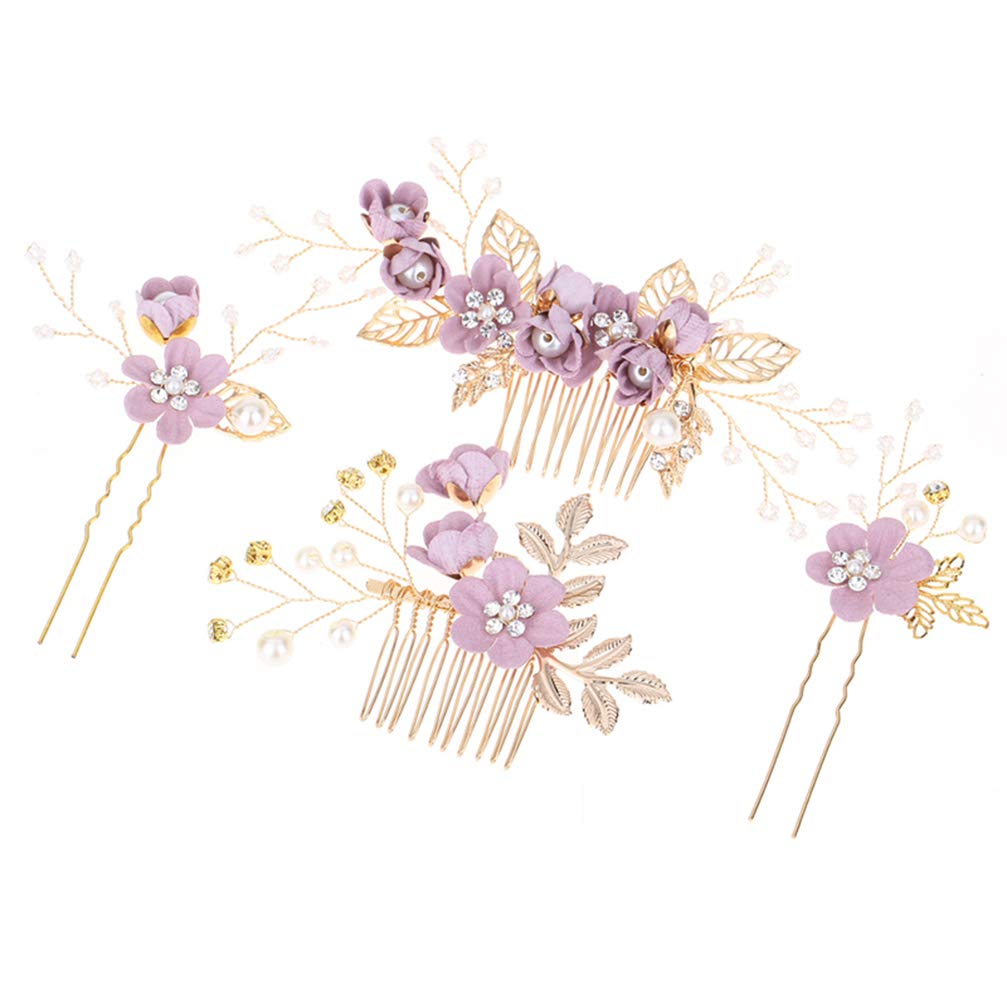 NUOBESTY 4Pcs Rhinestone Crystal Floral Wedding Hair Comb Set - Bridal Hair Clips & Pins for Bride, Prom, Party Accessories (Purple) | Perfect for Weddings, Bridal Showers, Formal Events & Special Occasions