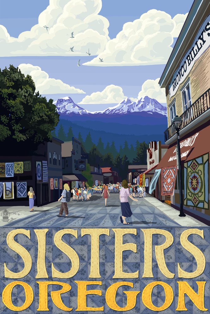 Oregon Sisters Town & Mountain Quilt Design Wall Art - 12x18 Wrapped Canvas for Living Room, Bedroom & Office Decor