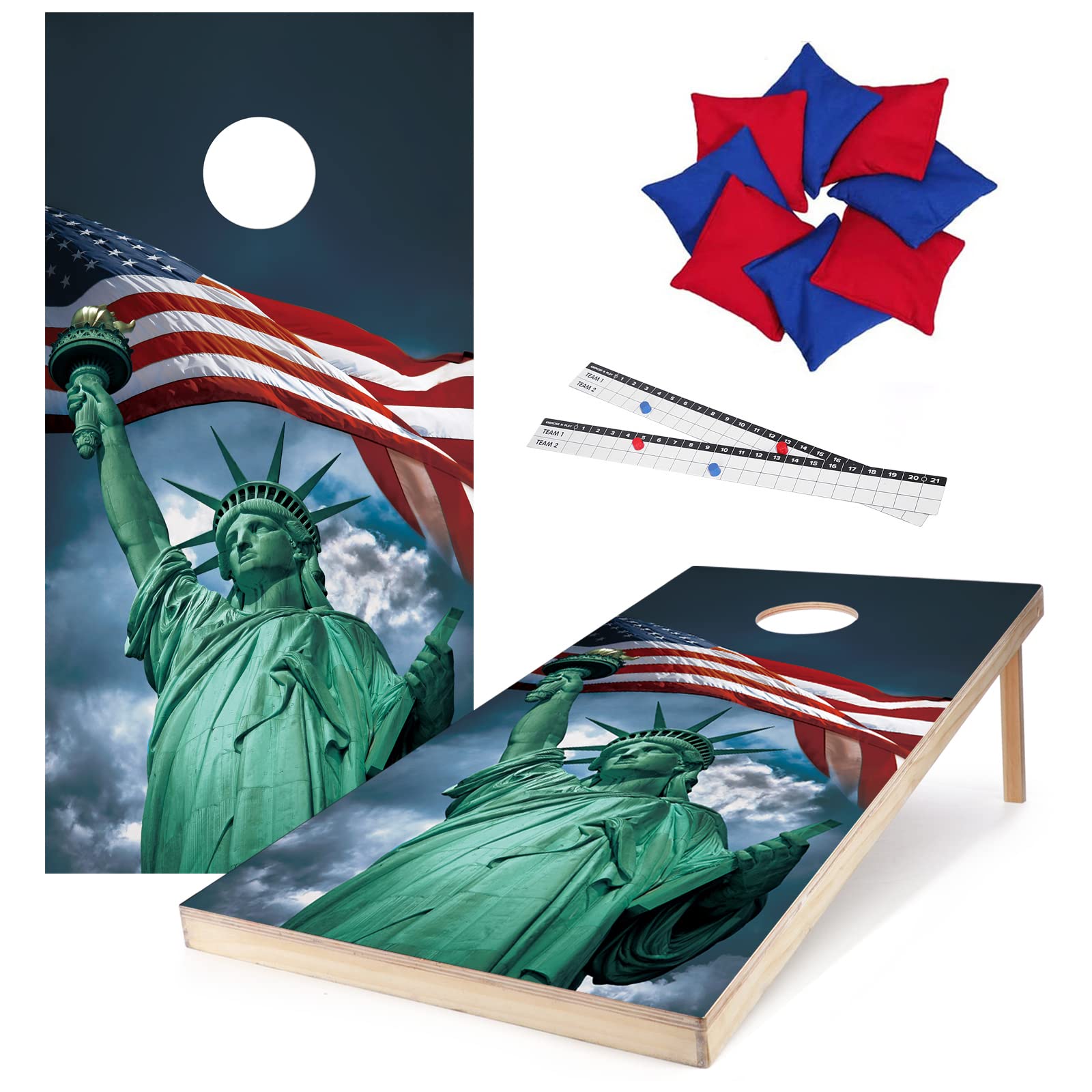 Premium Solid Wood Cornhole Board Set - 2 Pack 4x2 ft Cornhole Boards with 8 Bean Bags & 2 Score Keepers - Rustic American Flag Design for Backyard Games, Tailgating, Picnics & Outdoor Parties