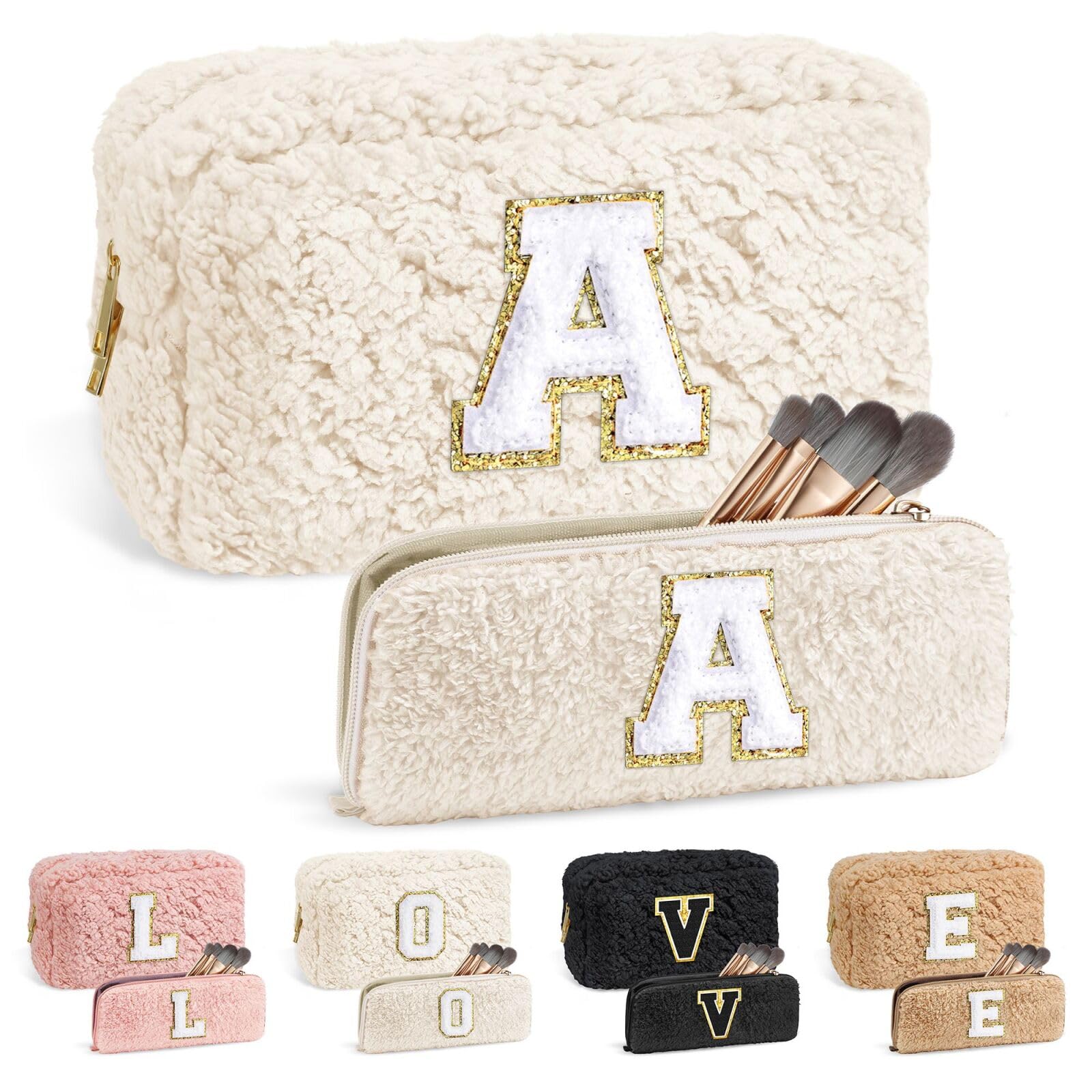 YOOLIFE Personalized Initial Makeup Bag with Brush Pouch - Cute Cosmetic Organizer for Women, Bridal Shower Gift, Birthday Present for Her, Sister, Mom & Teacher (White) | Perfect for Travel, Daily Makeup Storage & Special Occasion Gifts