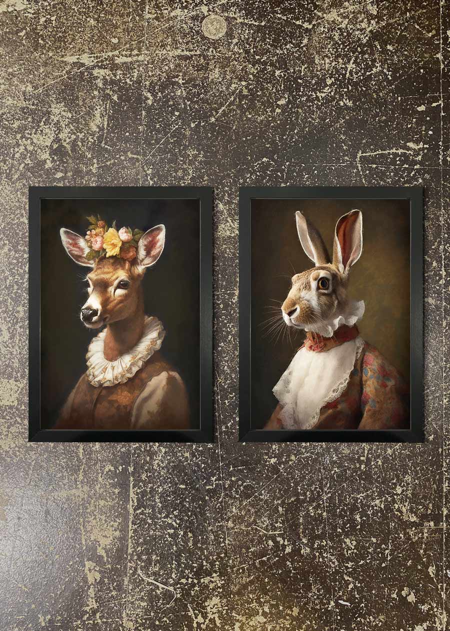 2 Premium Animal Art Prints with Frames - Elegant Hare & Deer Wall Decor for Living Room, Bedroom, or Office | Ready to Hang Home Decor